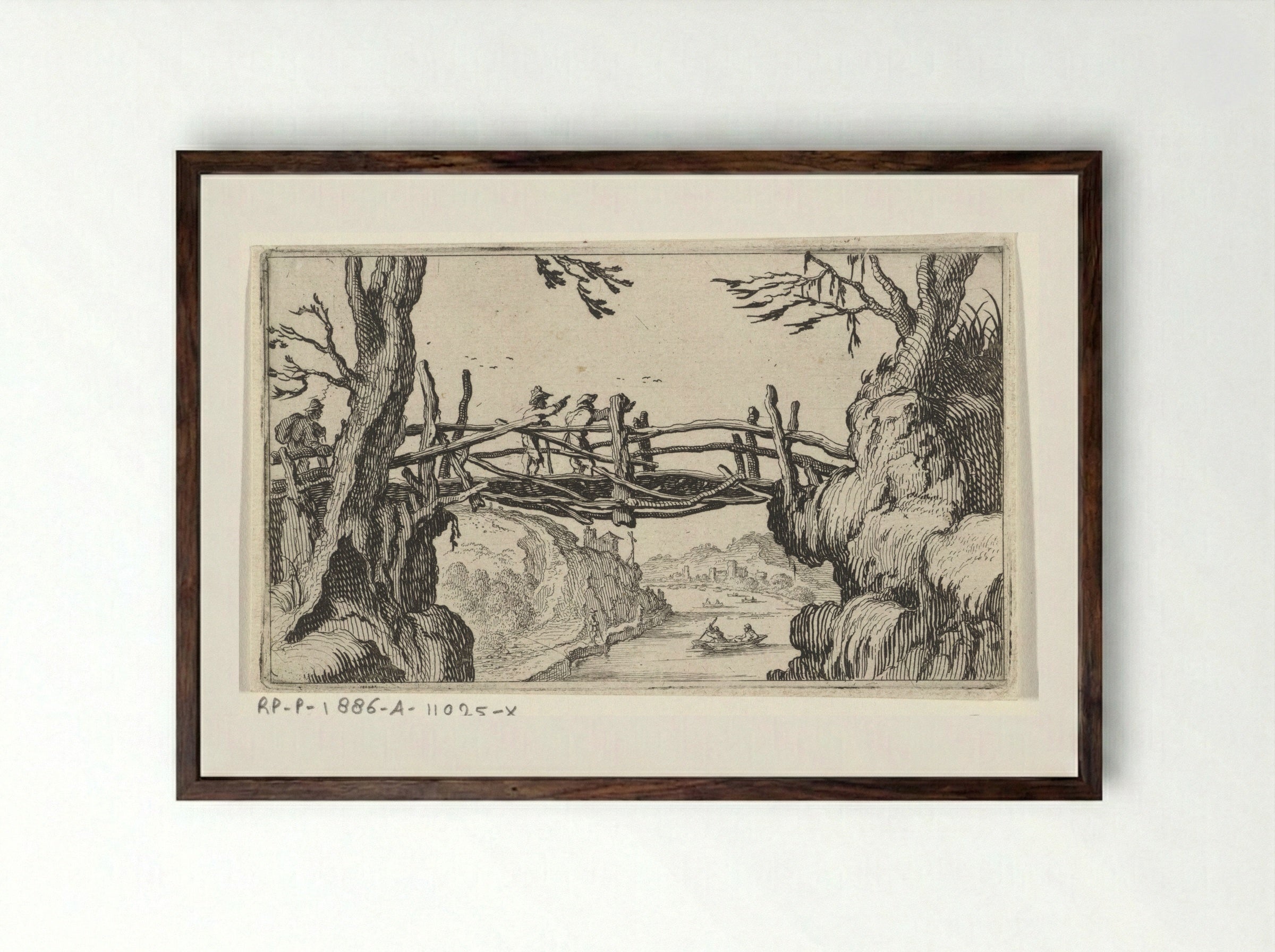 Three Walkers on a Wooden Bridge - Gillis van Scheyndel (I) - Framed Print Dark Wood