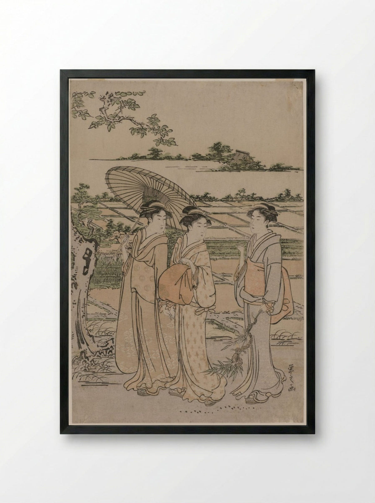 Three Women Strolling in the Countryside - Chōbunsai Eishi - Framed Print Black