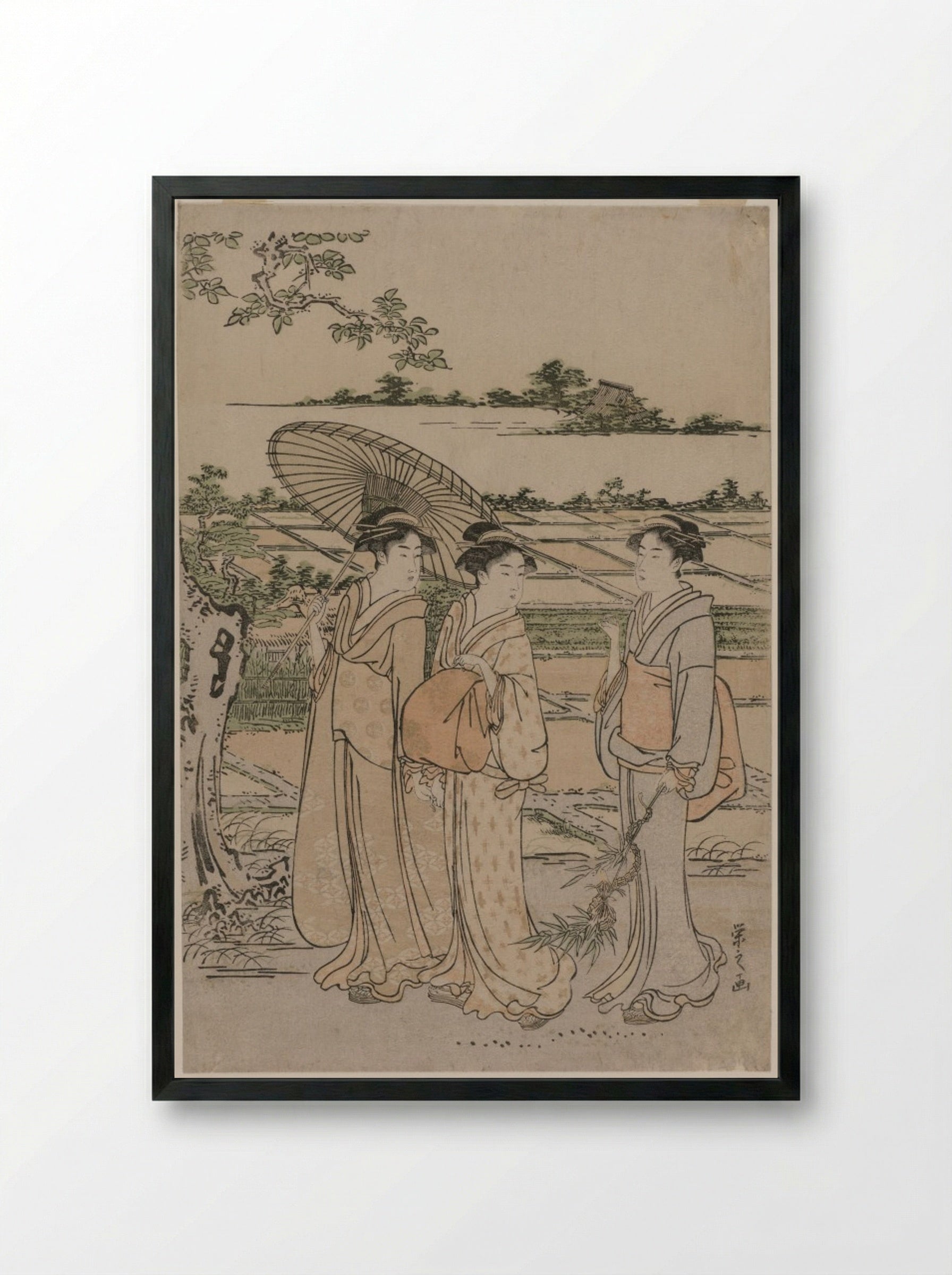 Three Women Strolling in the Countryside - Chōbunsai Eishi - Framed Print Black