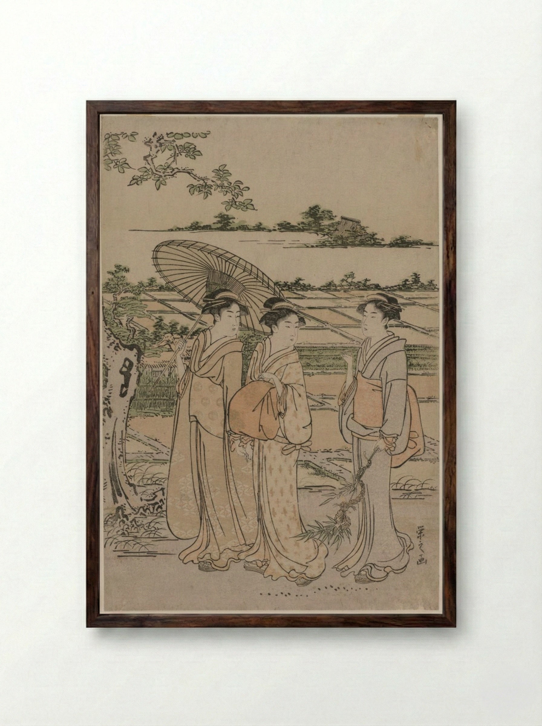 Three Women Strolling in the Countryside - Chōbunsai Eishi - Framed Print Dark Wood