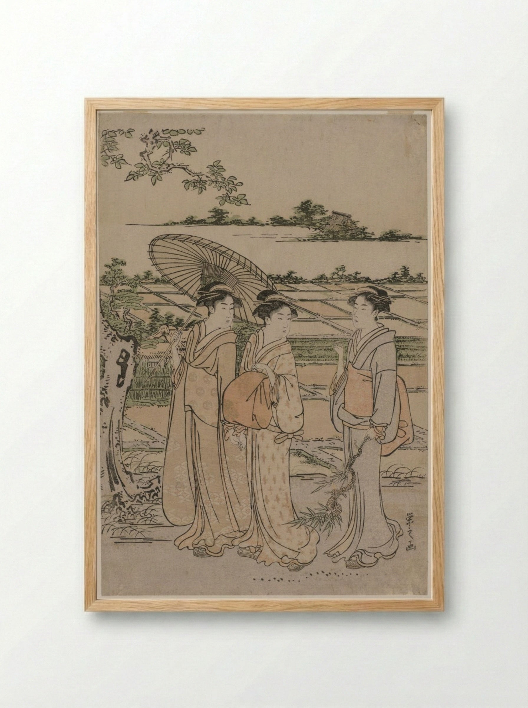 Three Women Strolling in the Countryside - Chōbunsai Eishi - Framed Print Wood