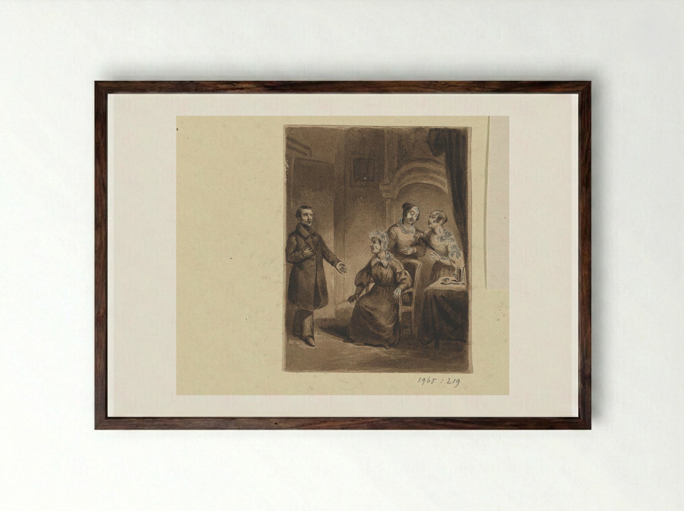 Three Women in an Interior with an Entering Man - Johann Wilhelm Kaiser - Framed Print Dark Wood