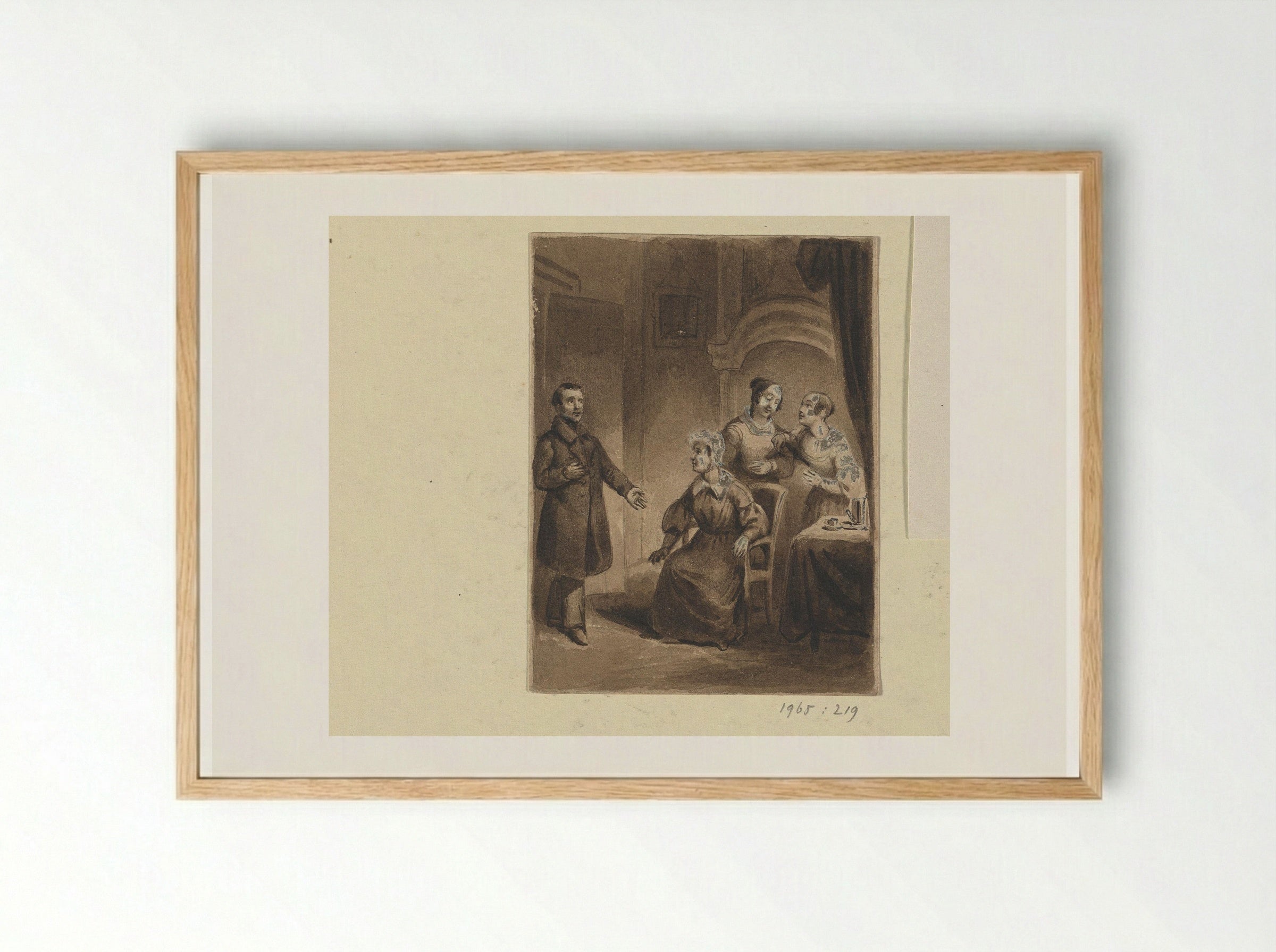 Three Women in an Interior with an Entering Man - Johann Wilhelm Kaiser - Framed Print Wood