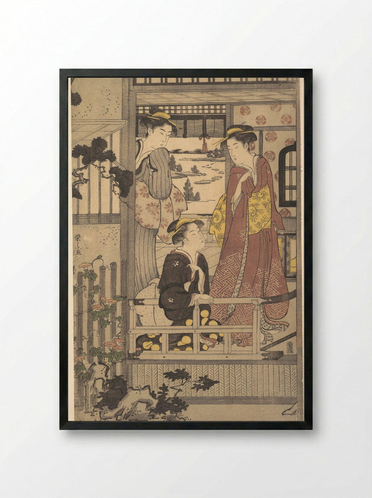 Three Women on a Veranda - Chōbunsai Eishi - Framed Print Black
