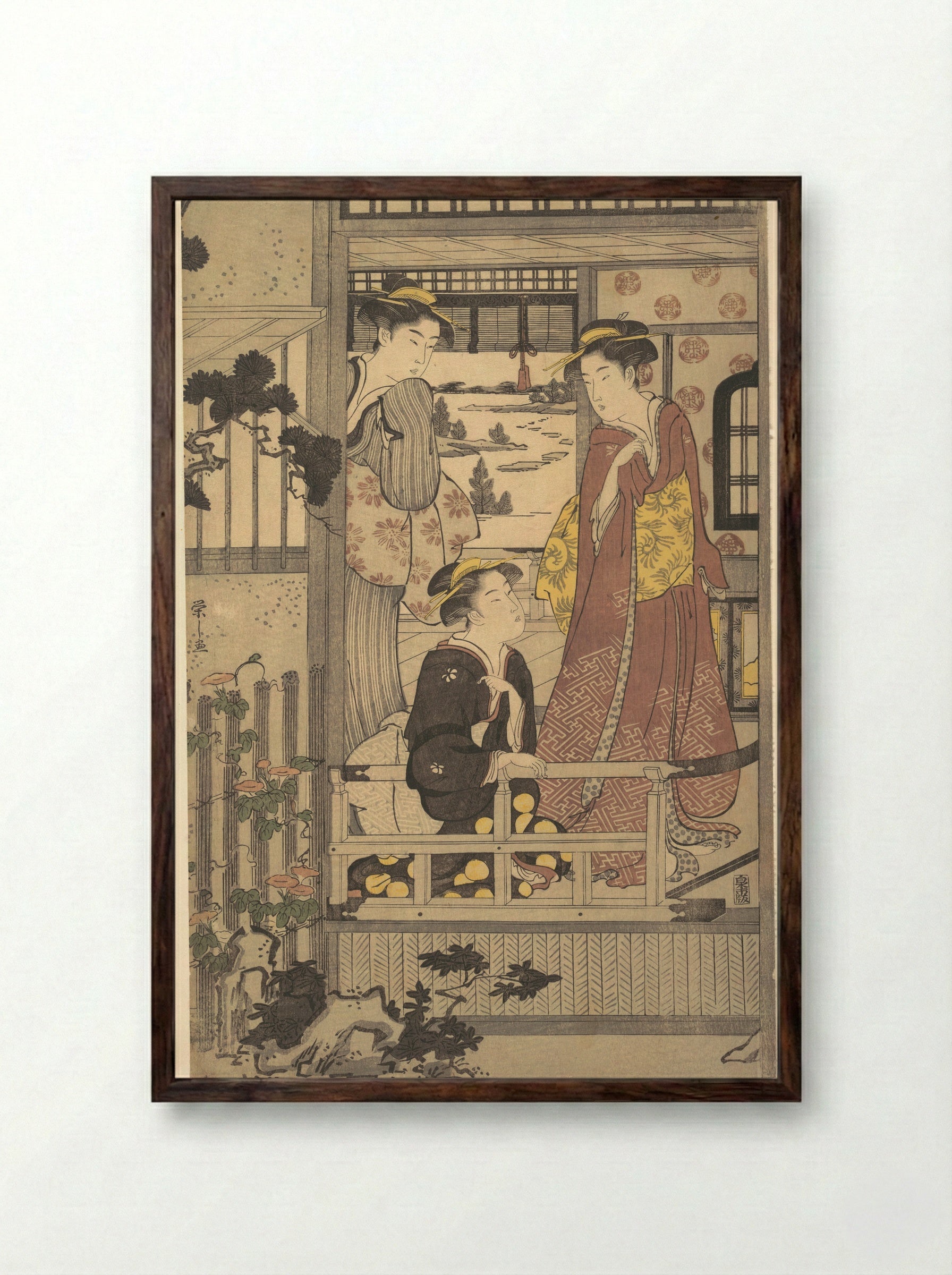 Three Women on a Veranda - Chōbunsai Eishi - Framed Print Dark Wood
