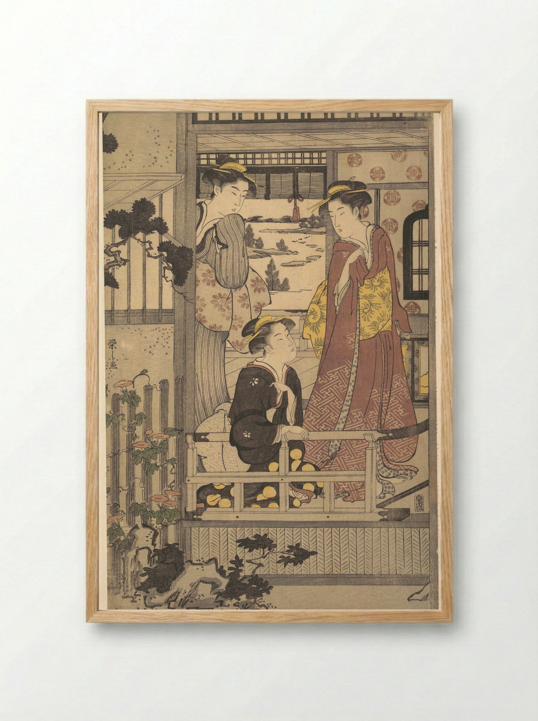 Three Women on a Veranda - Chōbunsai Eishi - Framed Print Wood