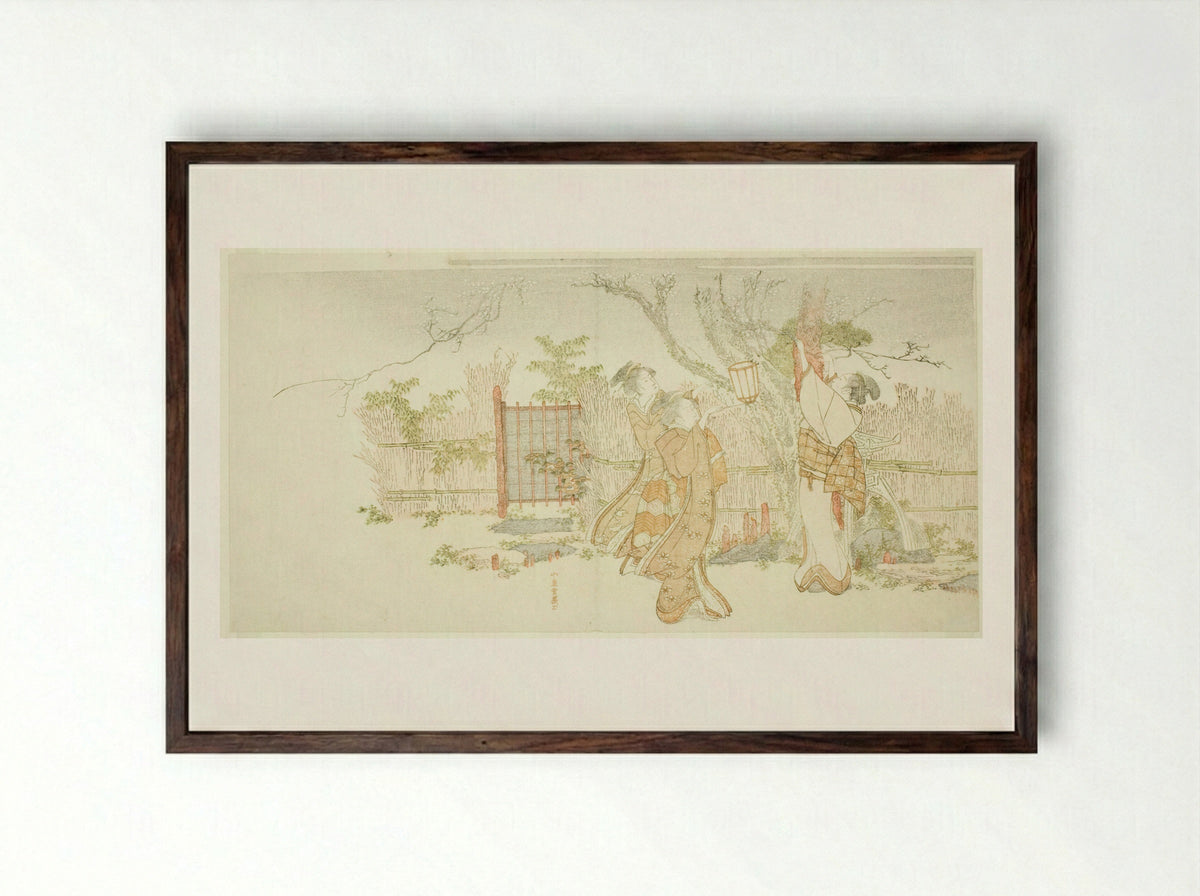 Three women beneath a plum tree at night - Katsushika Hokusai - Framed Print Dark Wood