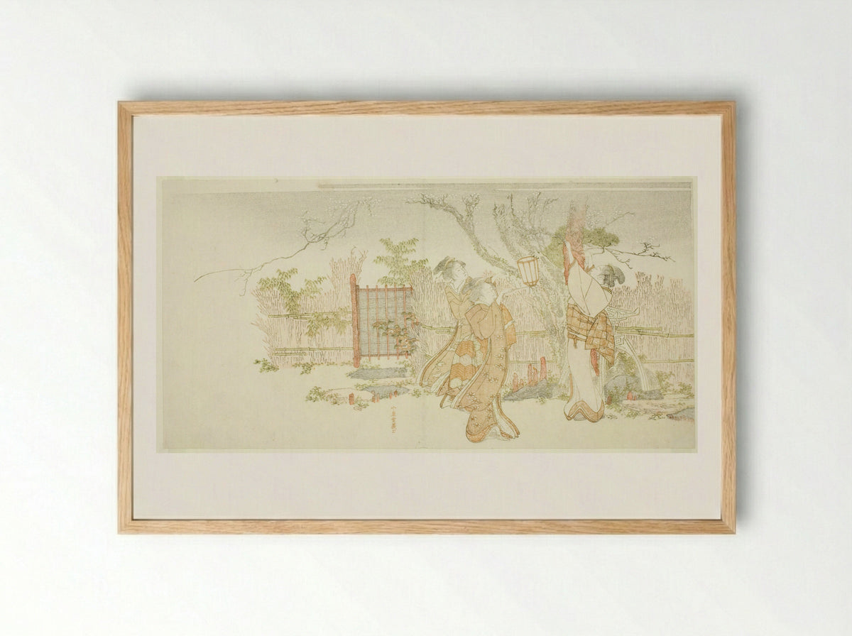 Three women beneath a plum tree at night - Katsushika Hokusai - Framed Print Wood
