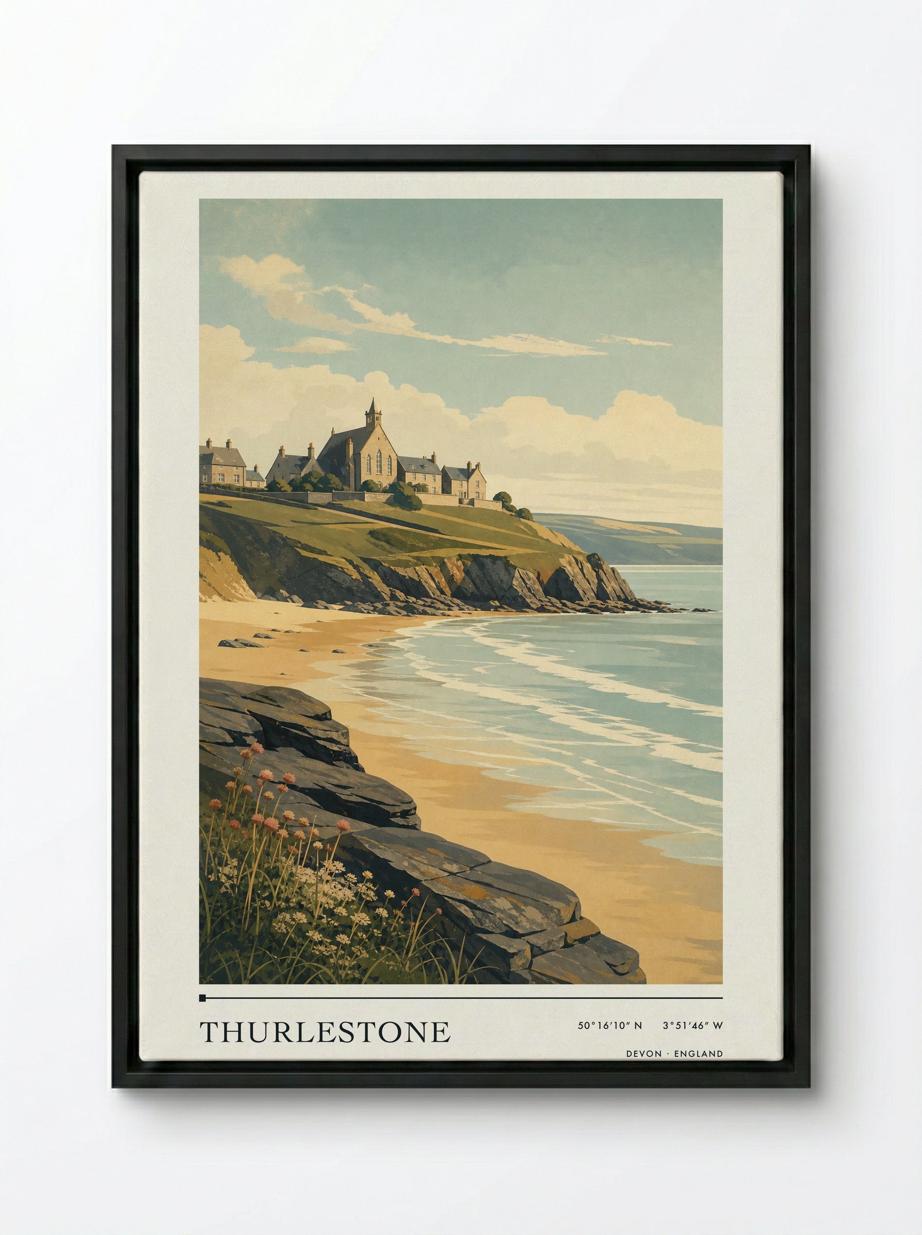 Thurlestone Devon England Travel Poster - Framed Canvas Black