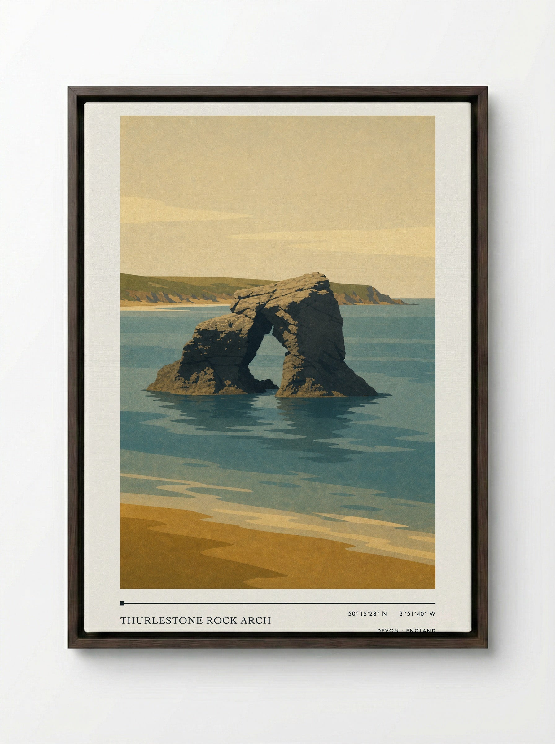 Thurlestone Rock Arch Devon England Travel Poster - Framed Canvas Dark Wood