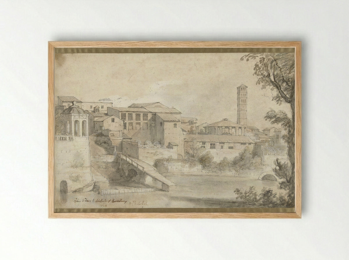 Tibereiland met het klooster van San Bartolommeo - Nicolas Delobel - Framed Print Wood