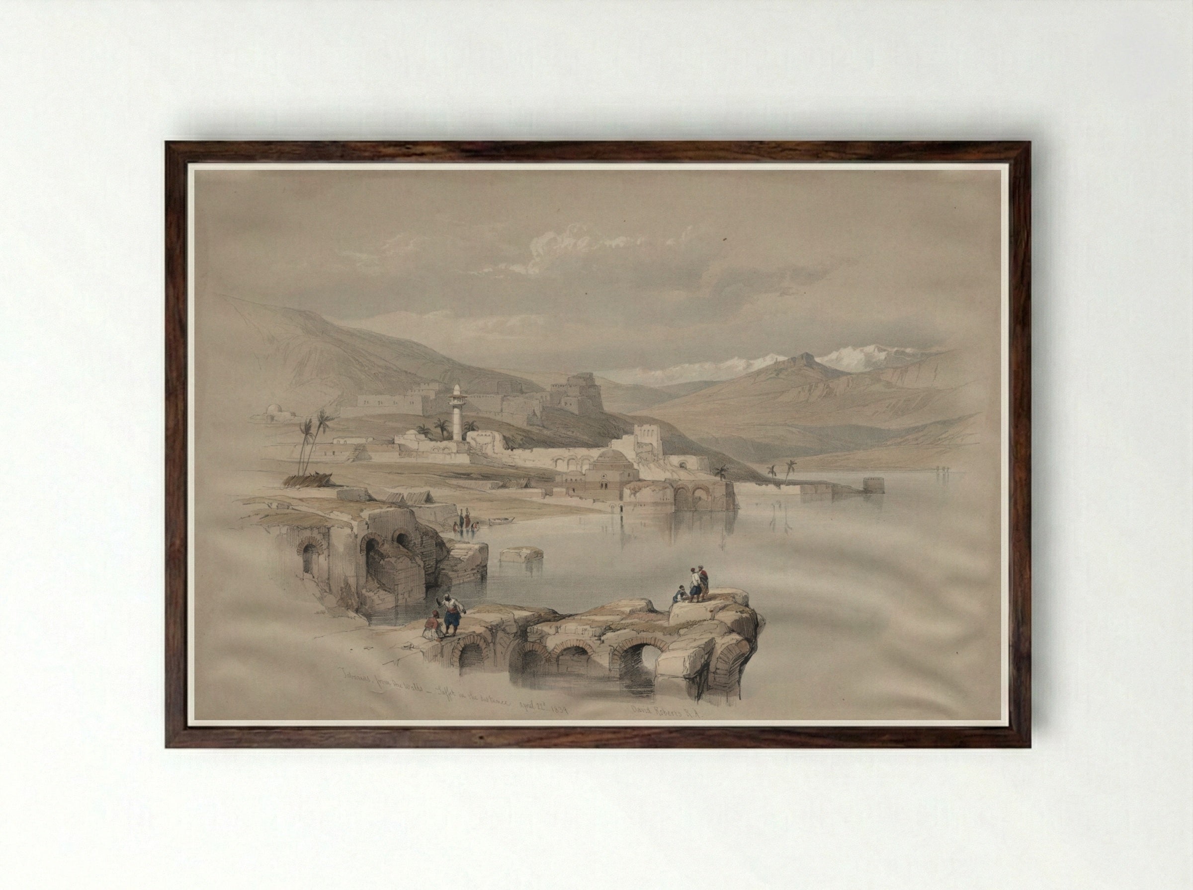 Tiberias, from the Walls, Safet in the Distance - David Roberts - Framed Print Dark Wood