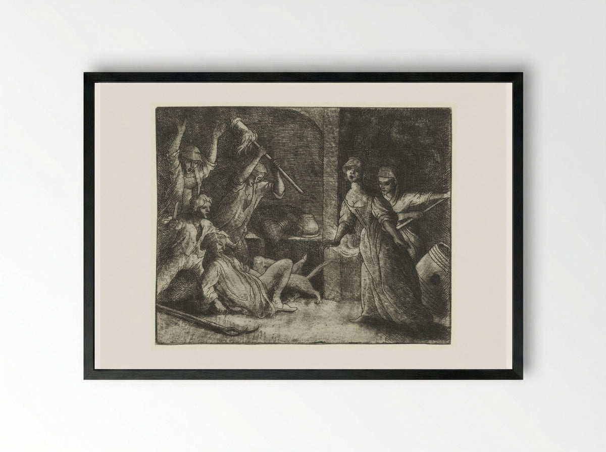 Tibert the Cat Bites the Priest - Allaert van Everdingen - Framed Print Black