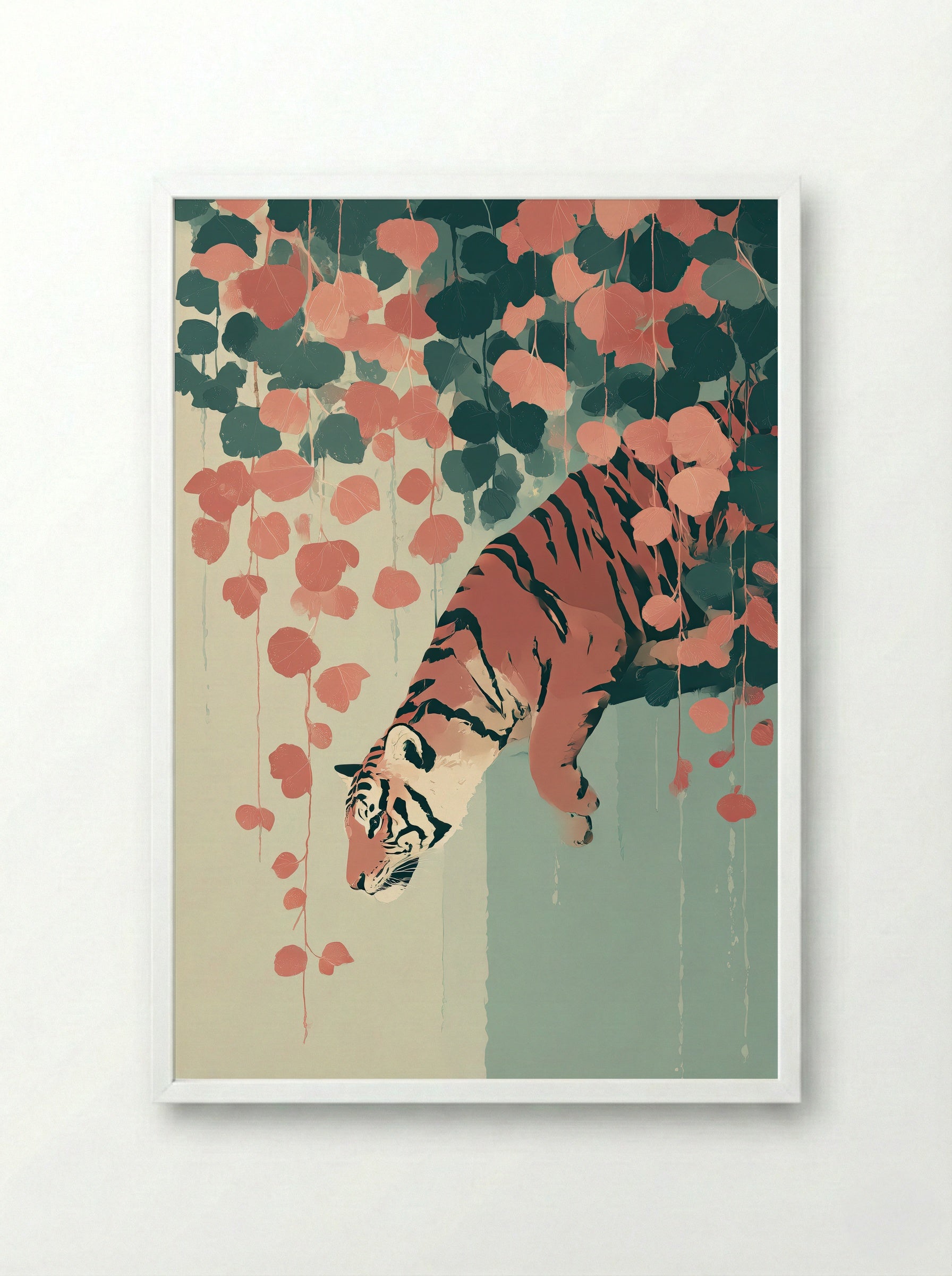 Tiger Among Vines – Dreamlike Jungle Art Print - Framed Print White