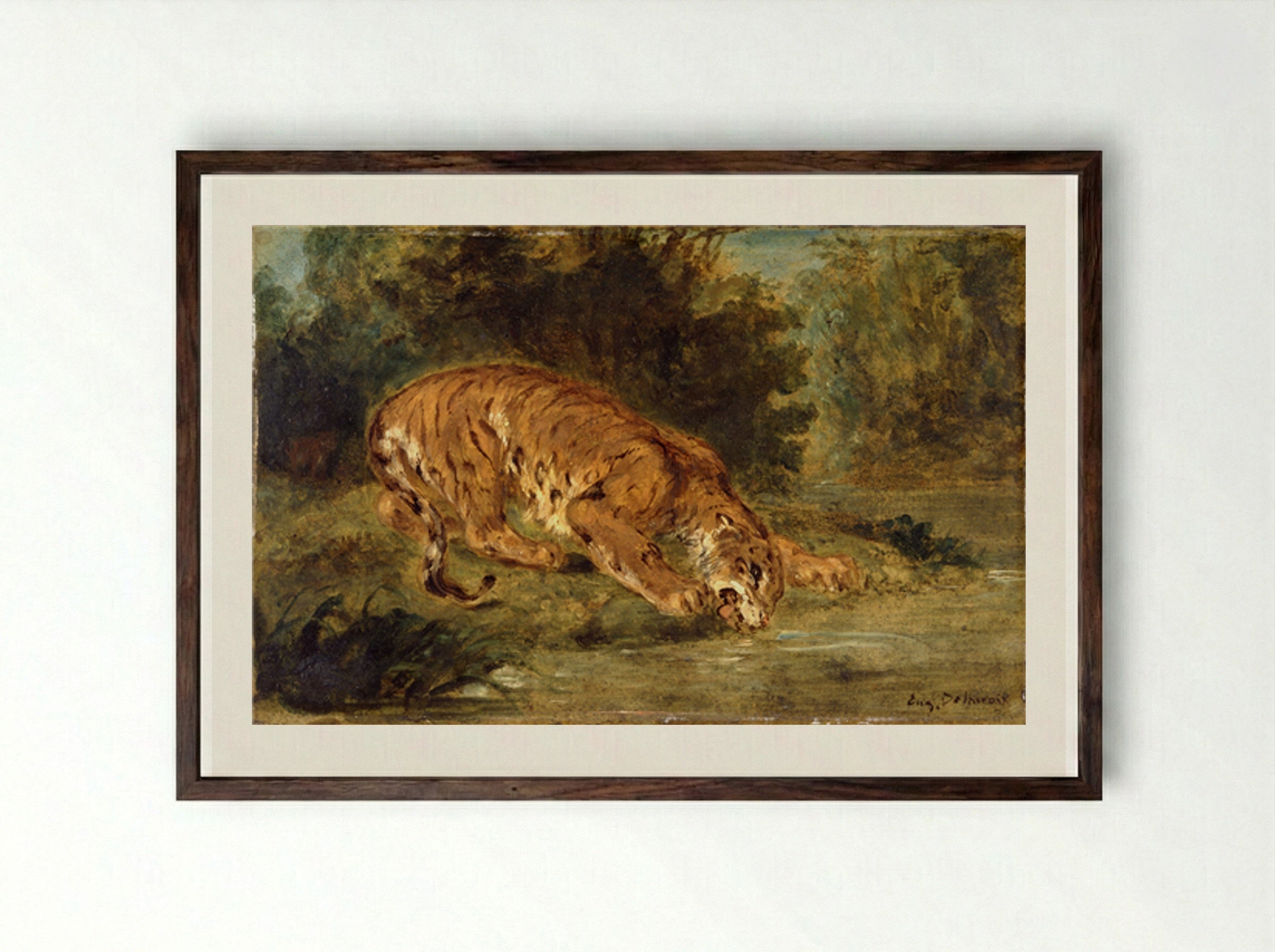 Tiger Drinking - Eugène Delacroix - Framed Print Dark Wood