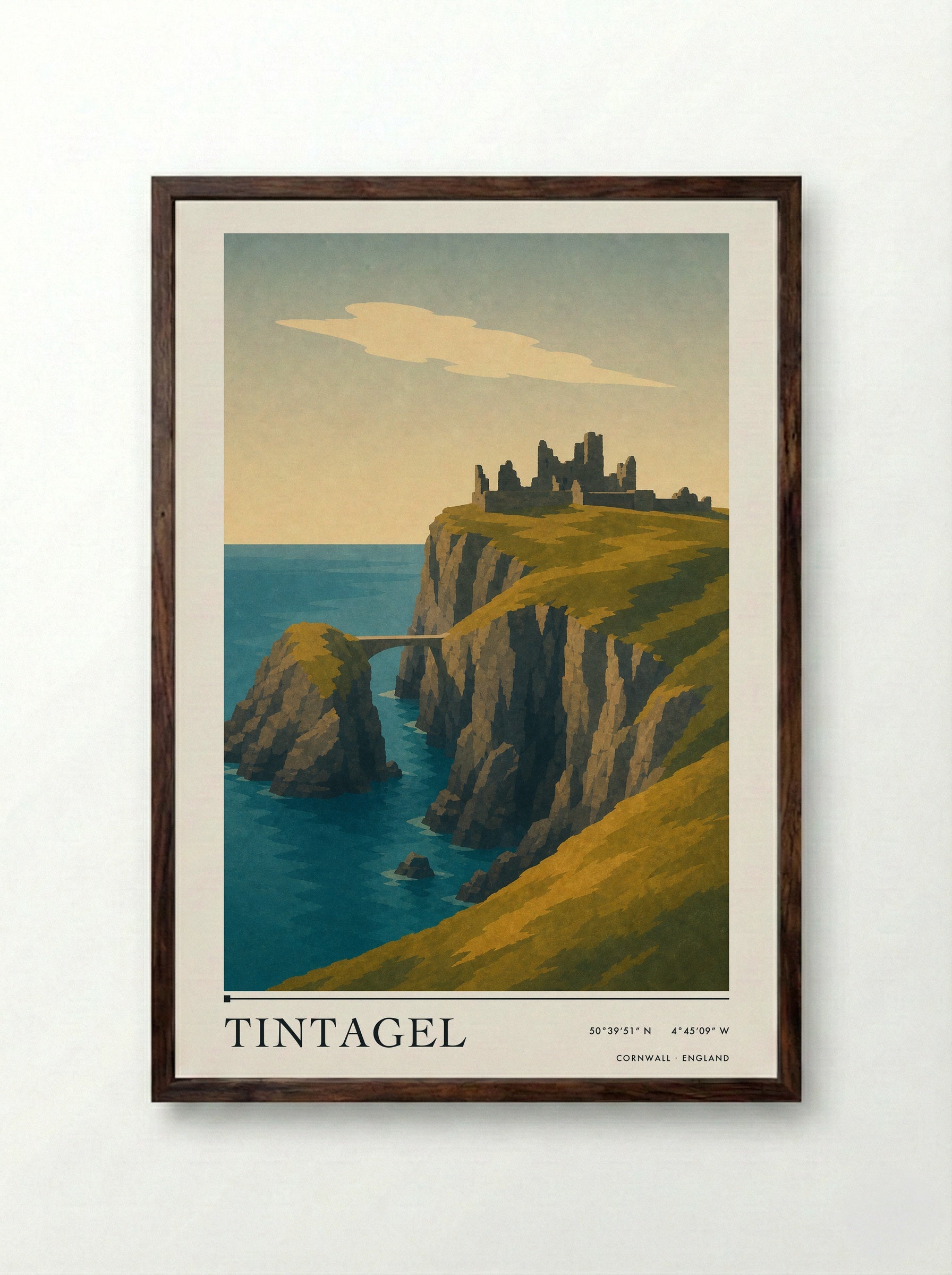 Tintagel Travel Poster Artwork - Framed Print Dark Wood