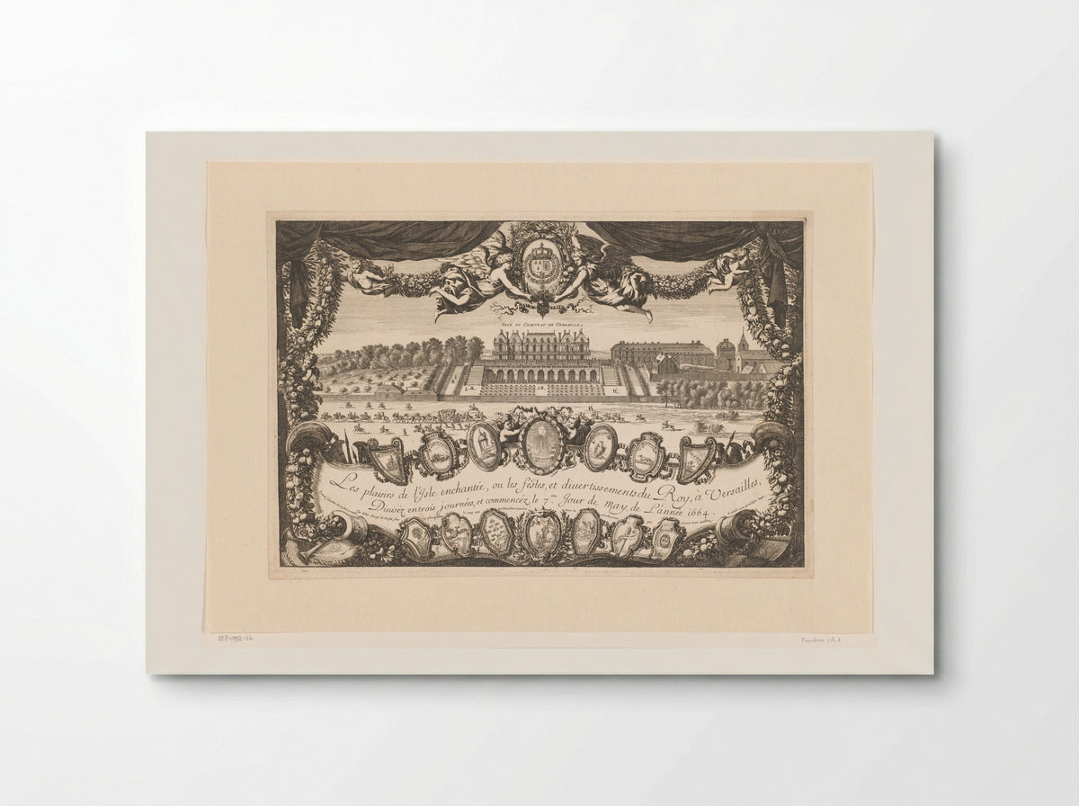 Titelprent met zicht op kasteel Versailles met stoet ruiters - Jean Lepautre - Poster