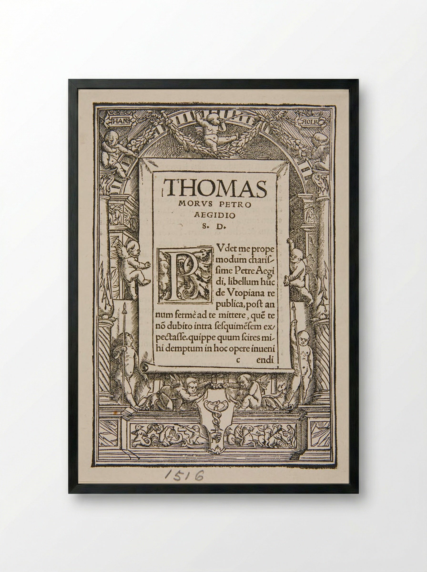 Title Border for Thomas More's Utopia - Hans Holbein the Younger - Framed Print Black