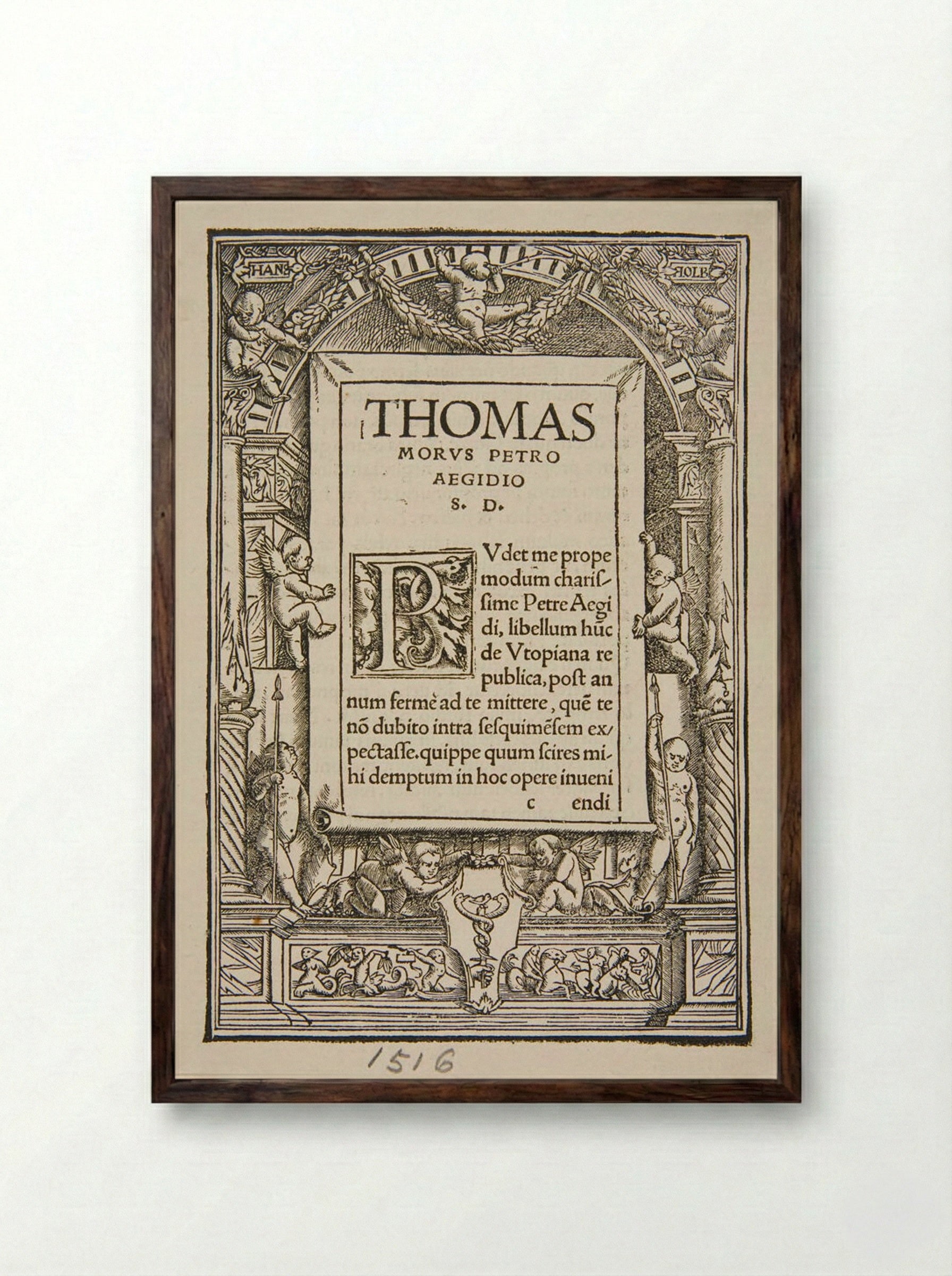 Title Border for Thomas More's Utopia - Hans Holbein the Younger - Framed Print Dark Wood