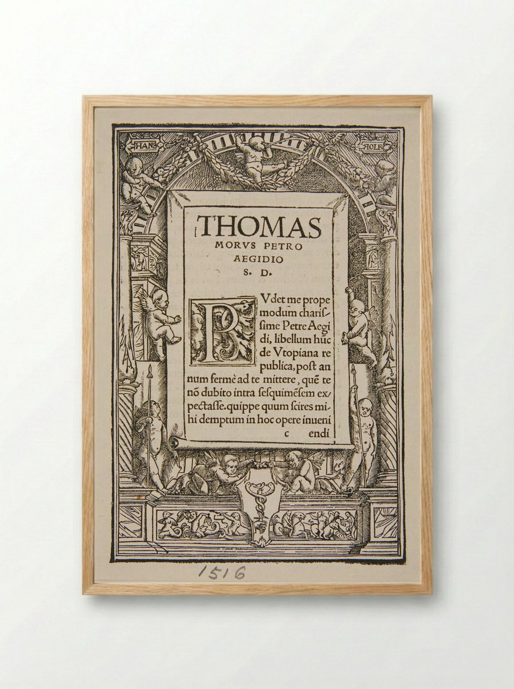 Title Border for Thomas More's Utopia - Hans Holbein the Younger - Framed Print Wood