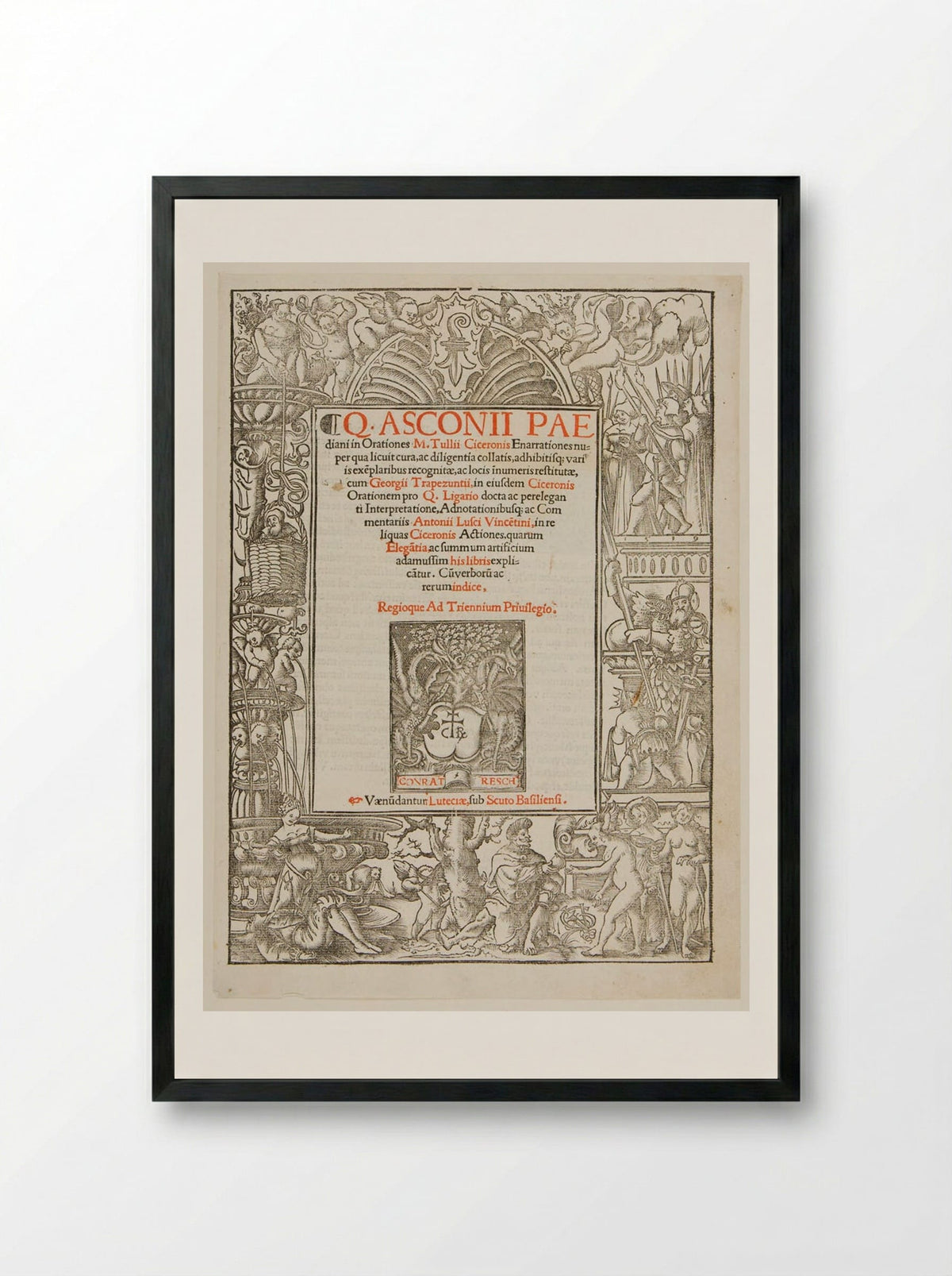 Title-Border with Pyramus and Thisbe, Judgment of Paris, etc. - Urs Graf - Framed Print Black