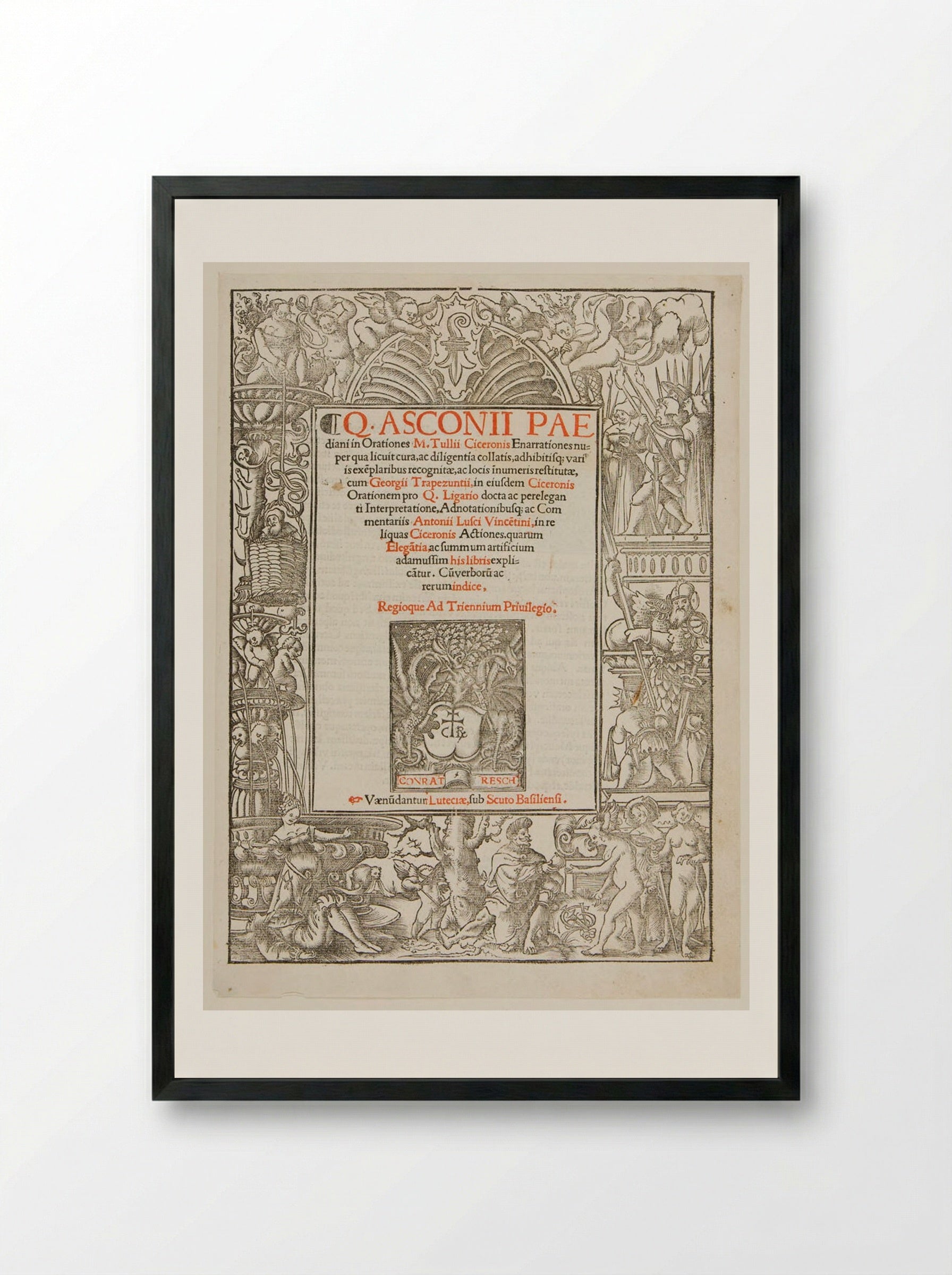 Title-Border with Pyramus and Thisbe, Judgment of Paris, etc. - Urs Graf - Framed Print Black