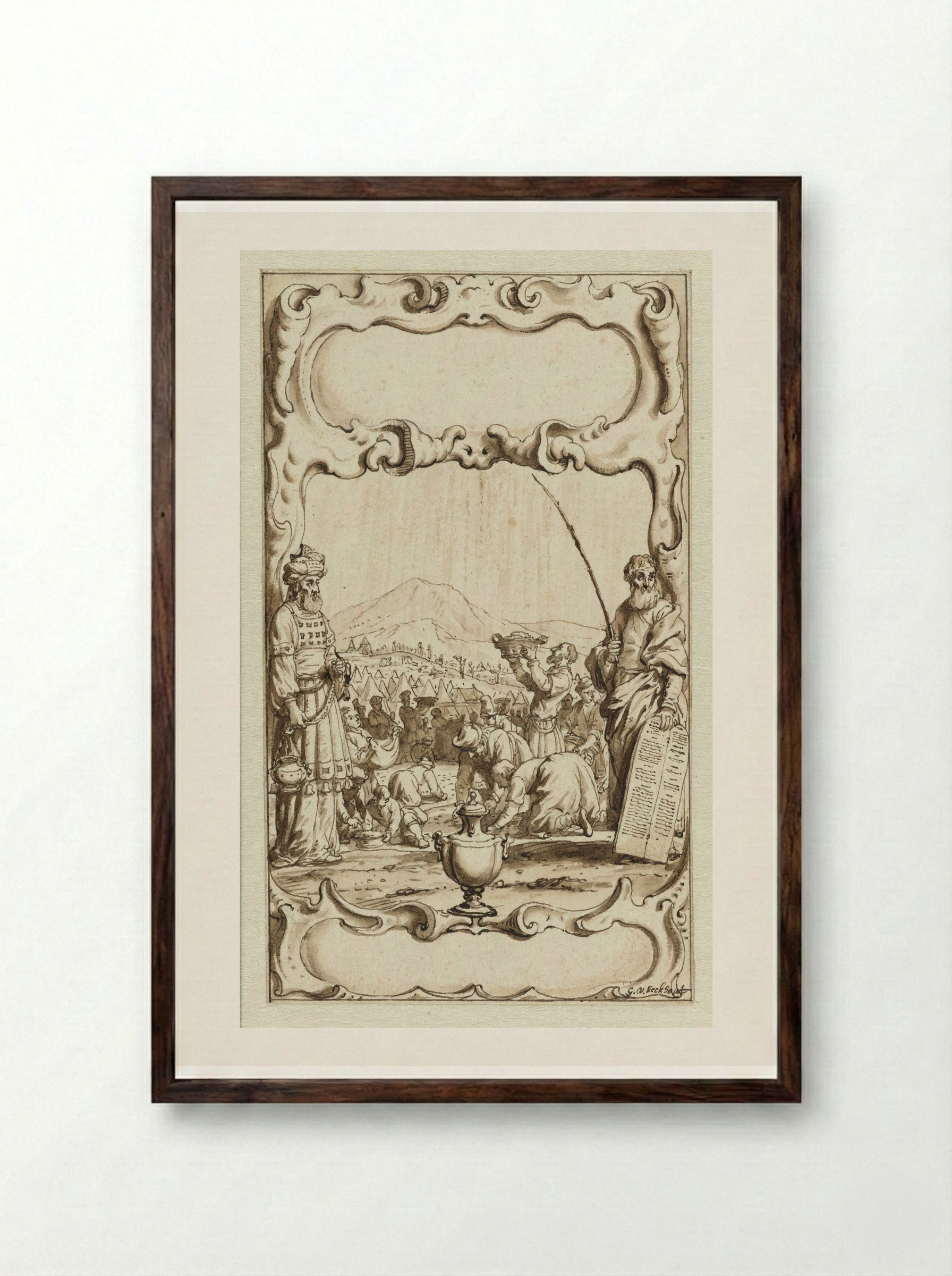 Title Page Design with the Gathering of Manna - Gerbrand van den Eeckhout - Framed Print Dark Wood