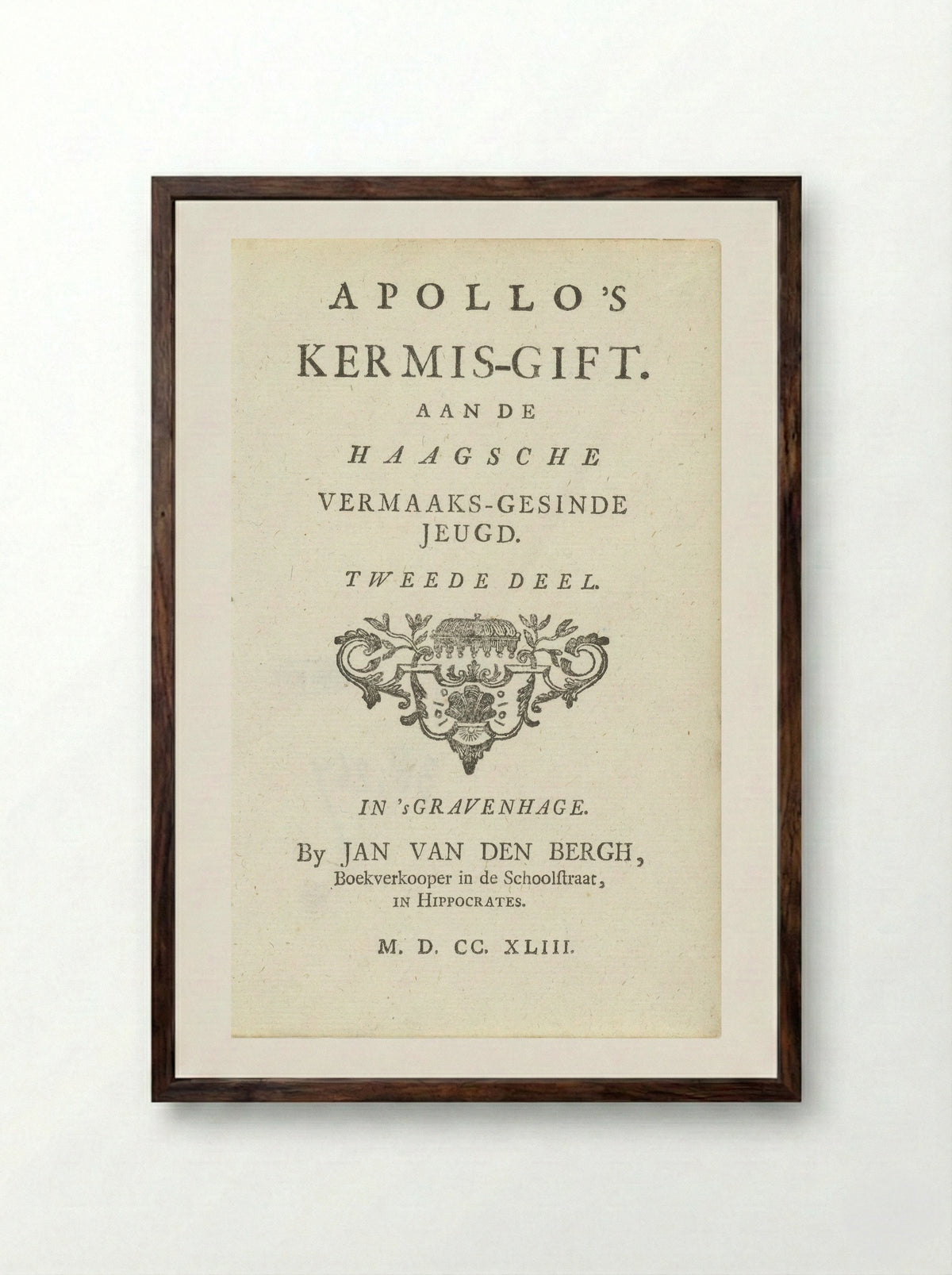Title Page for Apollo's Kermis-gift, Part 2 - Jan van den Bergh - Framed Print Dark Wood