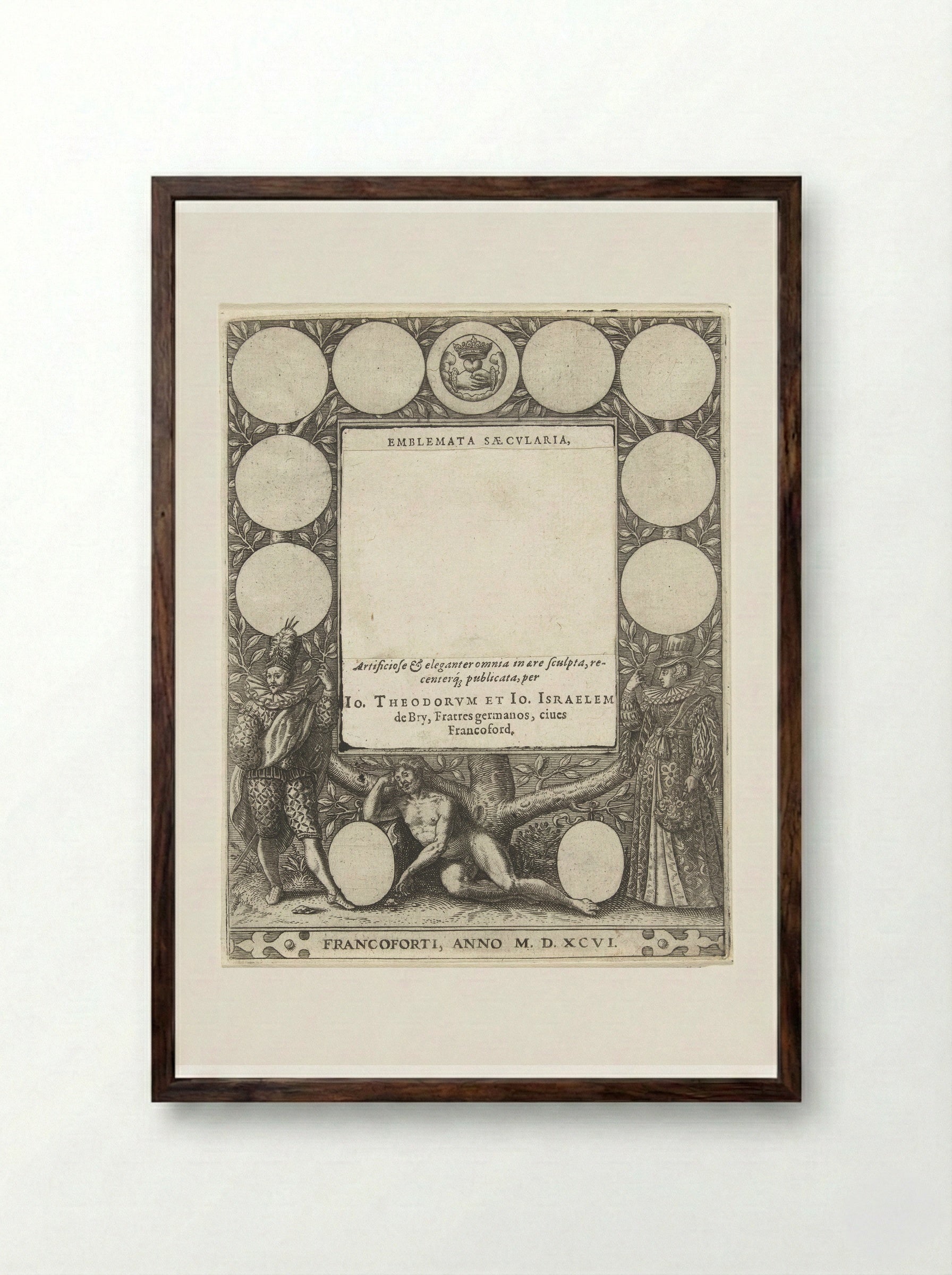 Title Page for Emblemata Saecularia - Johann Theodor de Bry - Framed Print Dark Wood