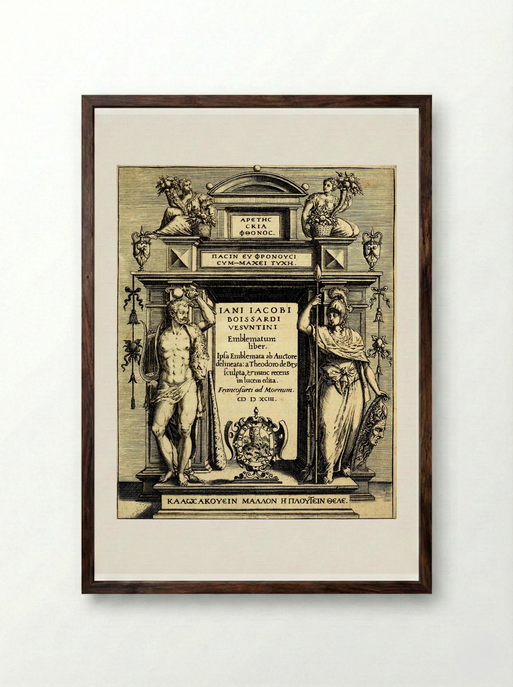 Title Page for Emblematum Liber - Theodor de Bry - Framed Print Dark Wood