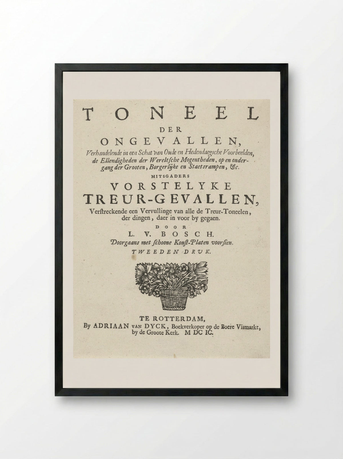 Title Page for L. van den Bos, Toneel der ongevallen - Arnold Houbraken - Framed Print Black