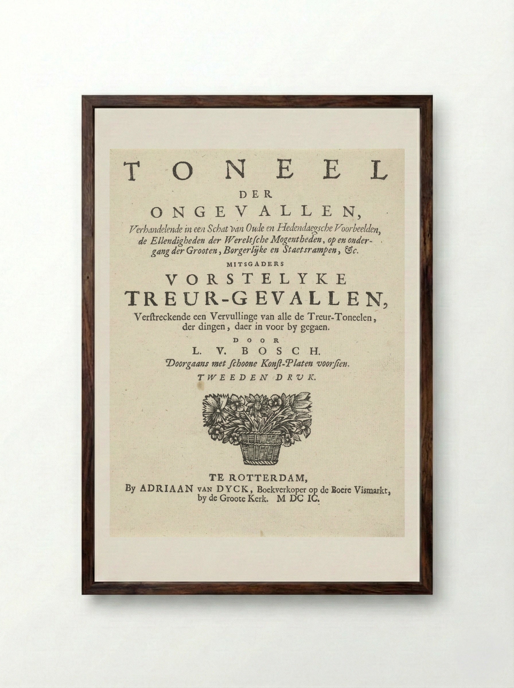 Title Page for L. van den Bos, Toneel der ongevallen - Arnold Houbraken - Framed Print Dark Wood