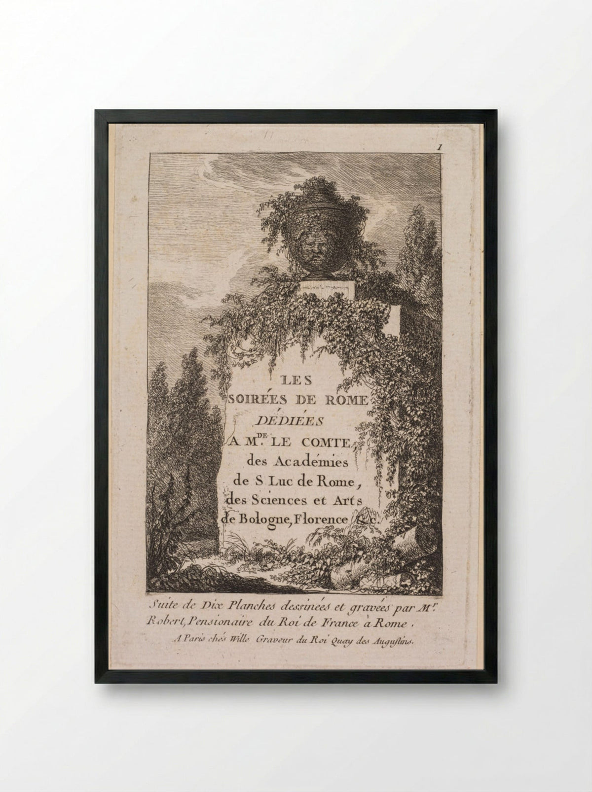 Title Page for Les Soirées de Rome - Hubert Robert - Framed Print Black
