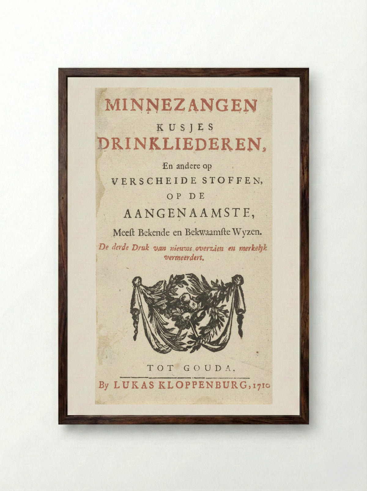 Title Page for Minnezangen, Kusjes, Drinkliederen - Arnold Houbraken - Framed Print Dark Wood