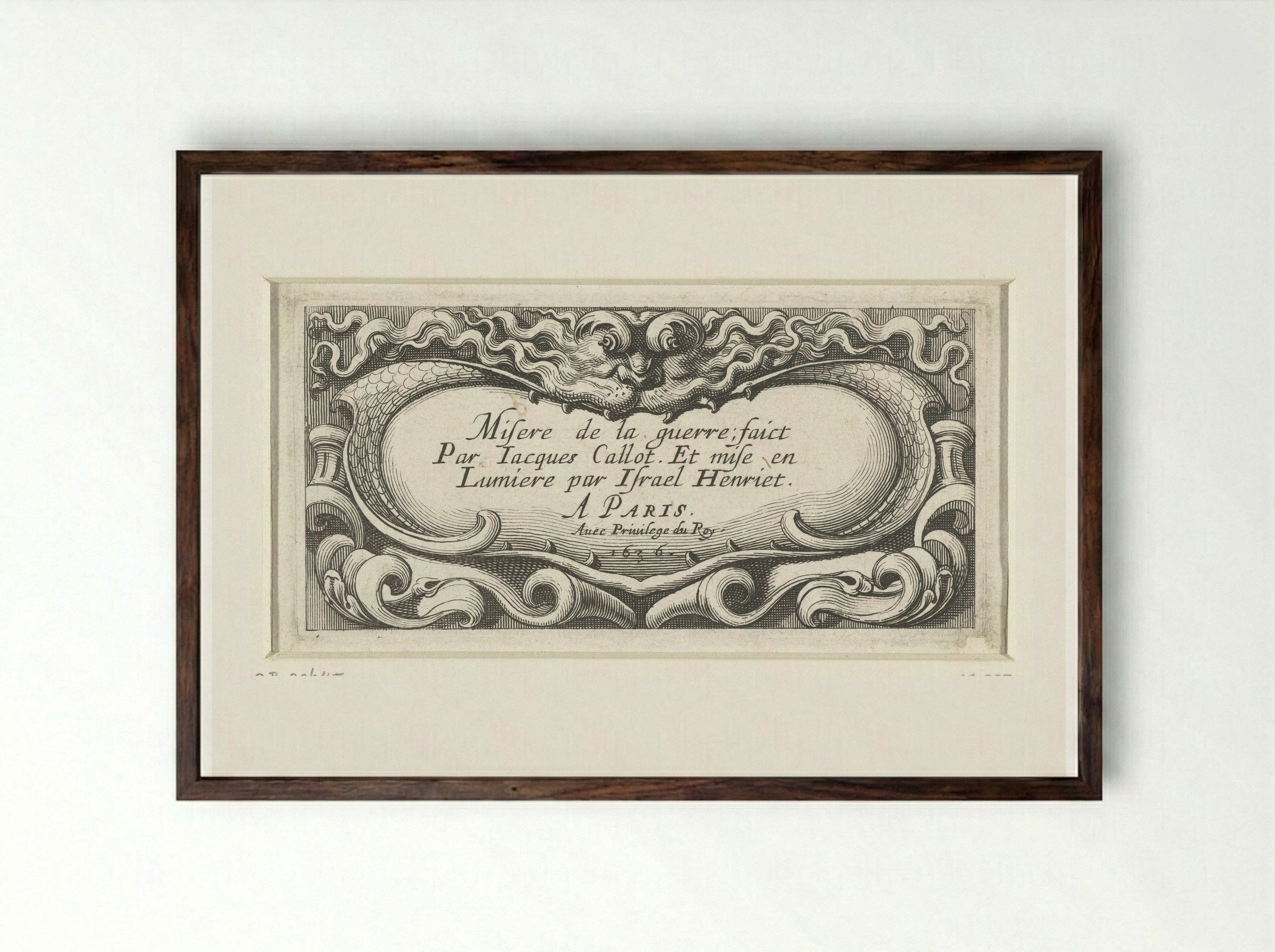 Title Page for The Miseries of War (Small Series) - Abraham Bosse - Framed Print Dark Wood