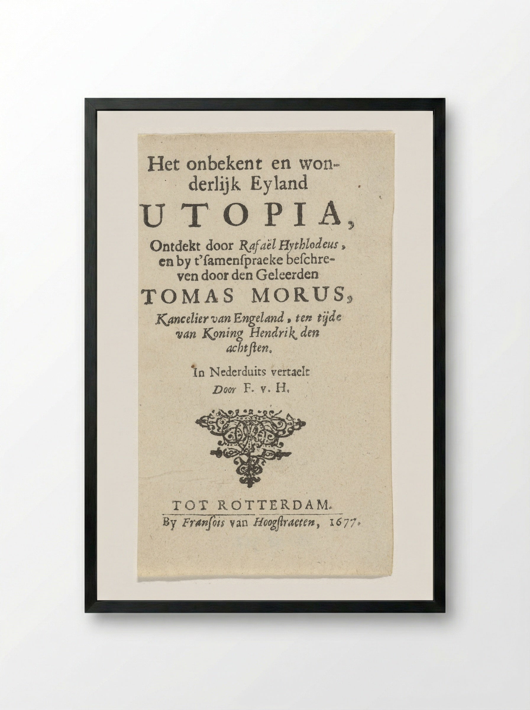 Title Page for Thomas More's Utopia - Arnold Houbraken - Framed Print Black