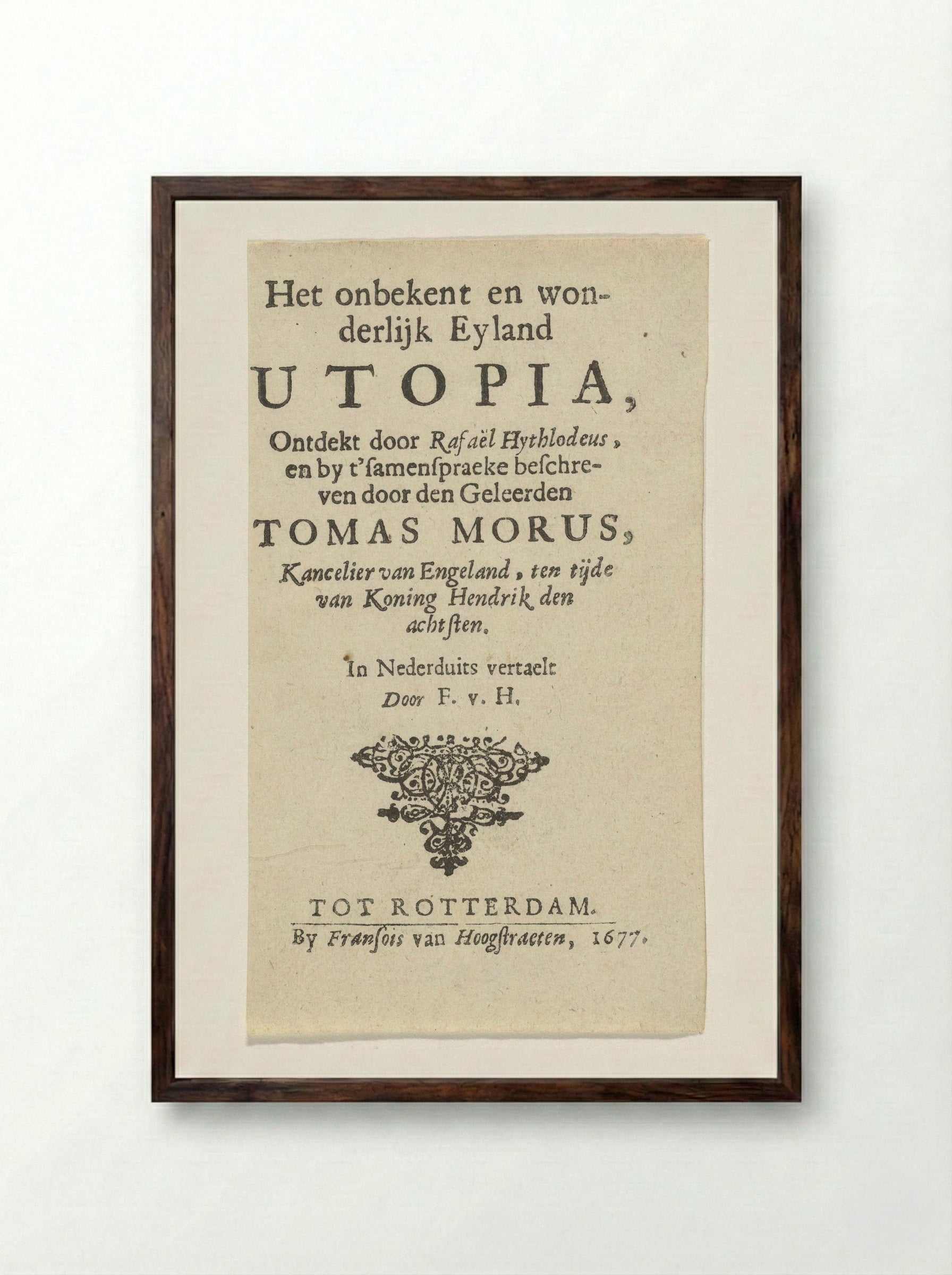 Title Page for Thomas More's Utopia - Arnold Houbraken - Framed Print Dark Wood