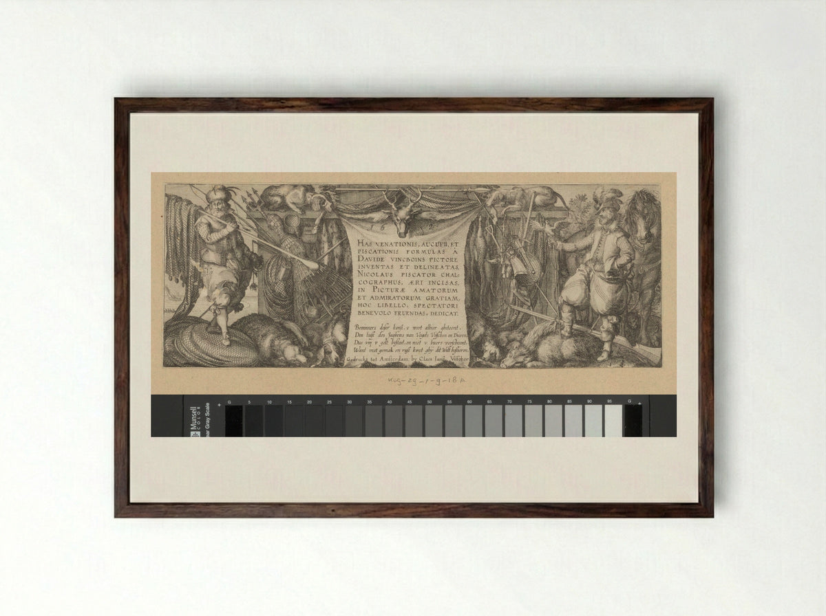 Title Page for a Series on Hunting, Fowling, and Fishing - Claes Jansz. Visscher (II) - Framed Print Dark Wood