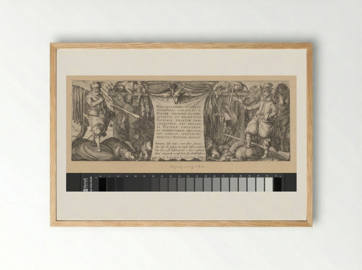 Title Page for a Series on Hunting, Fowling, and Fishing - Claes Jansz. Visscher (II) - Framed Print Wood