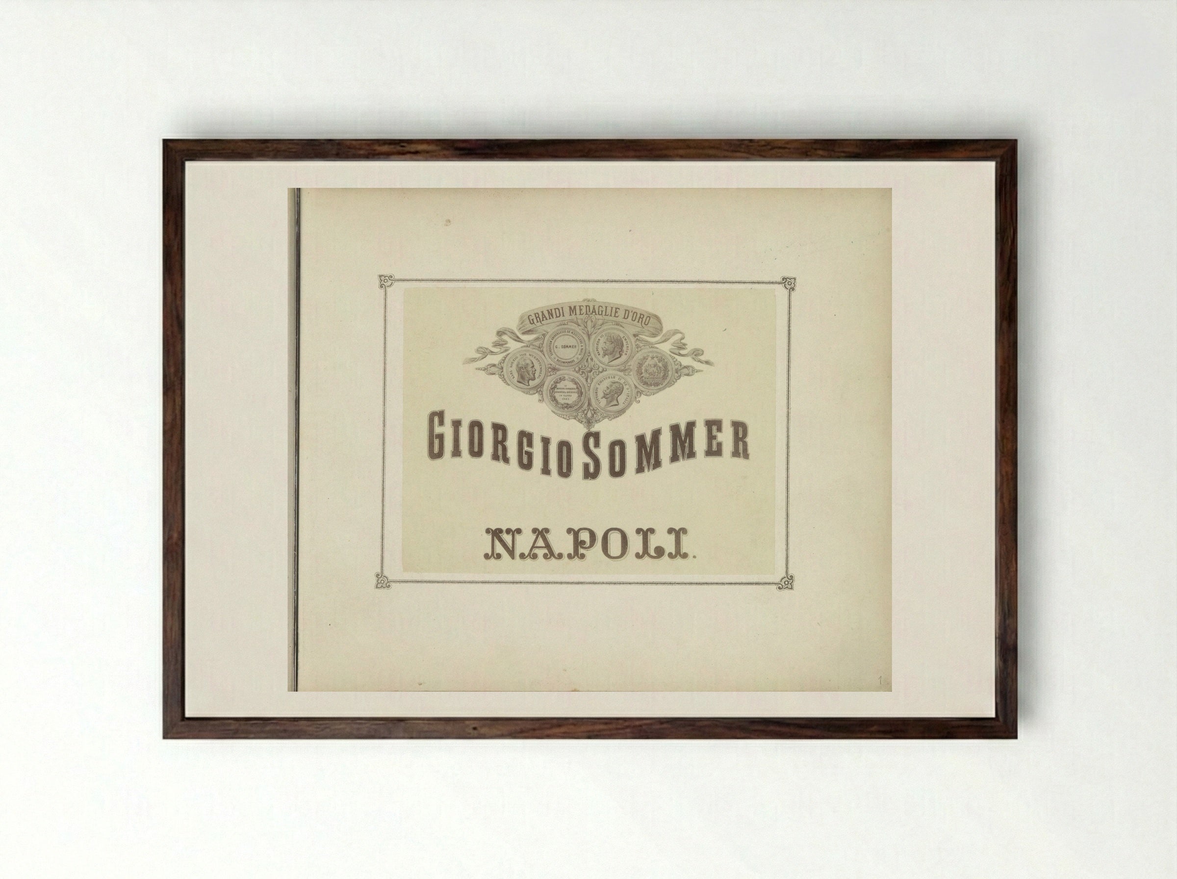 Title Page with Medals and Studio Location - Giorgio Sommer - Framed Print Dark Wood
