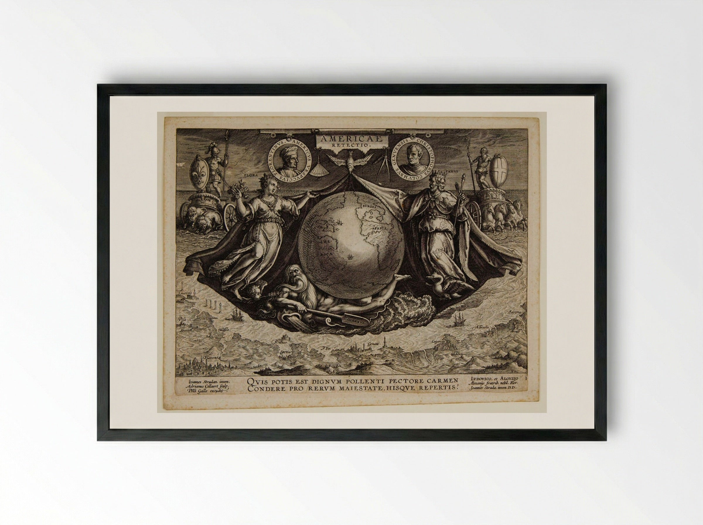 Title Page, with Neptune, Flora, an Image of the Globe, and Portraits of Explorers - Adriaen Collaert - Framed Print Black