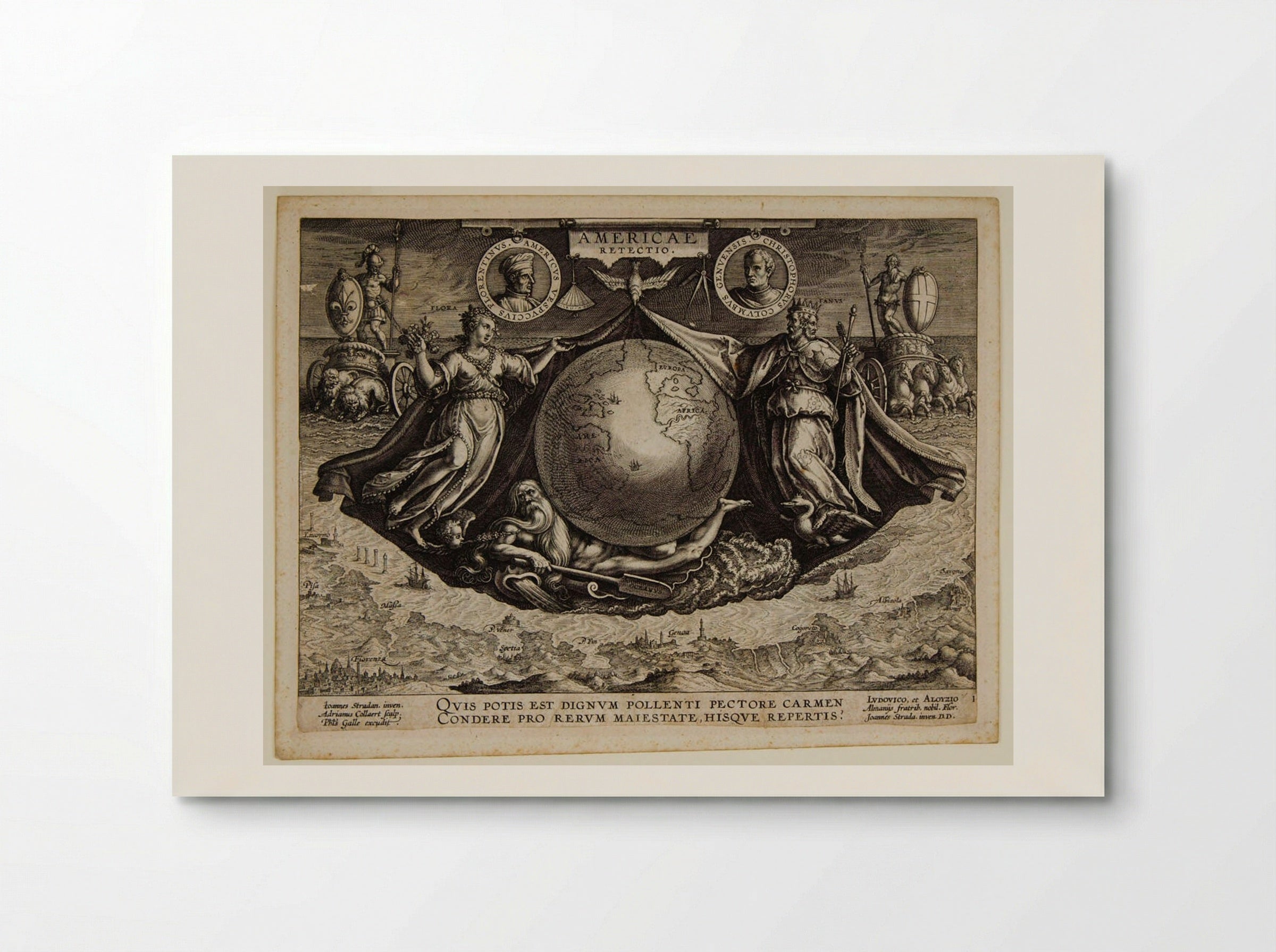 Title Page, with Neptune, Flora, an Image of the Globe, and Portraits of Explorers - Adriaen Collaert - Poster