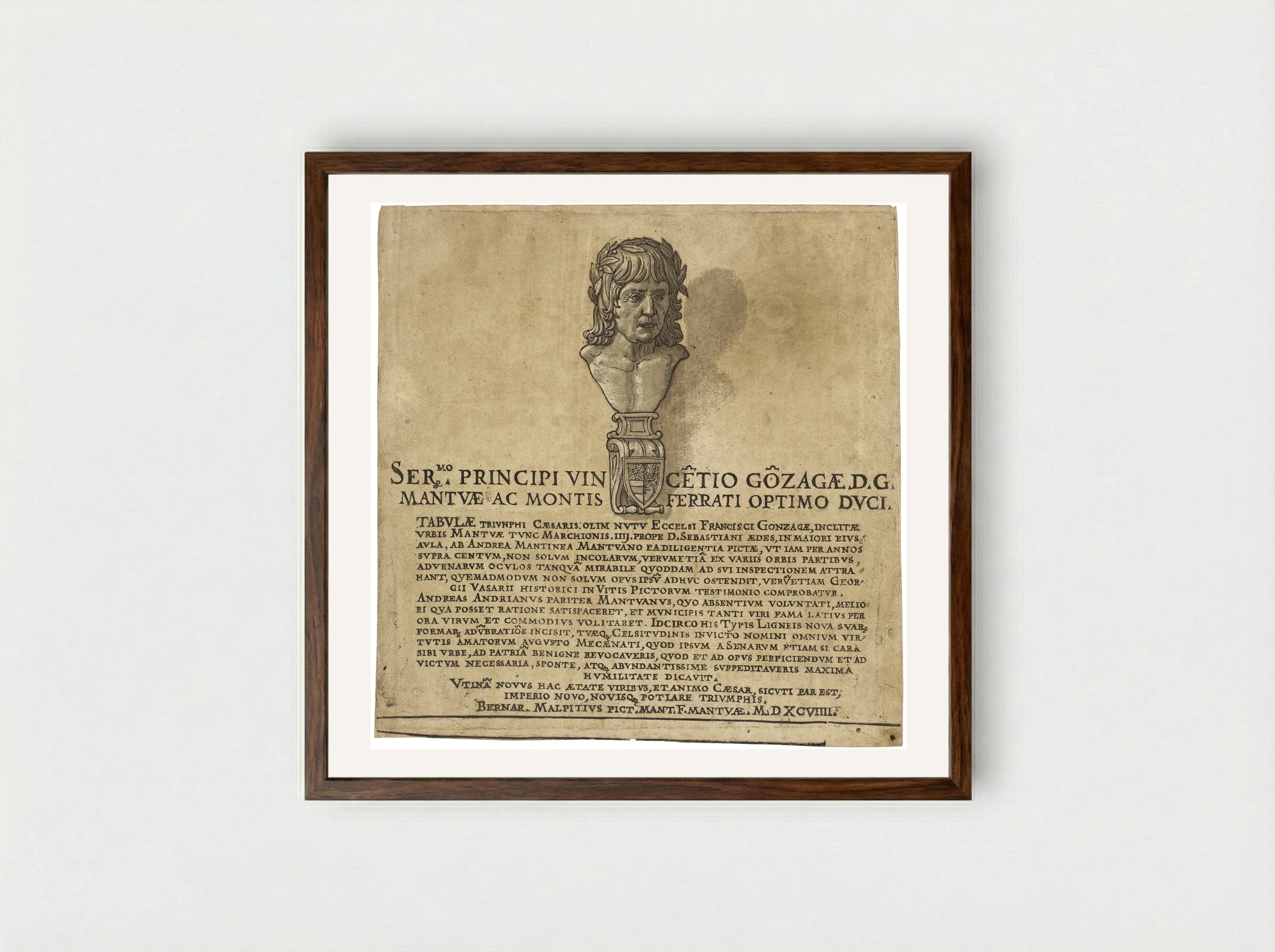 Title Page with Portrait of Andrea Mantegna - Andrea Andreani - Framed Print Dark Wood