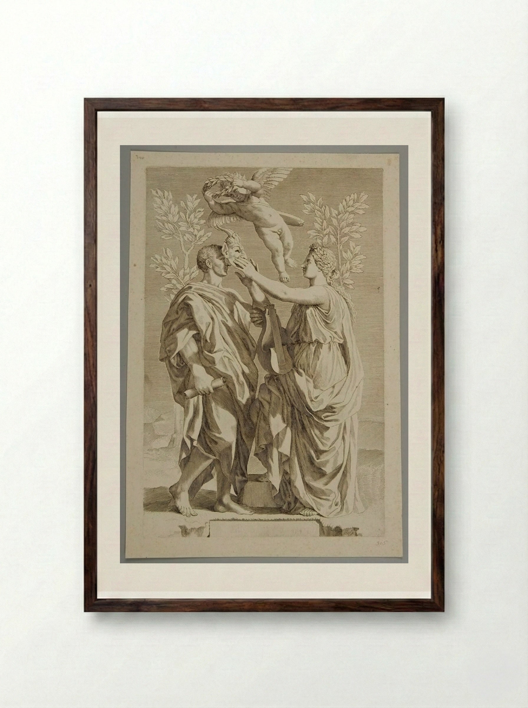 Title Page: The Muse of Poetry Giving the Satyr's Mask to Horace - Claude Mellan - Framed Print Dark Wood