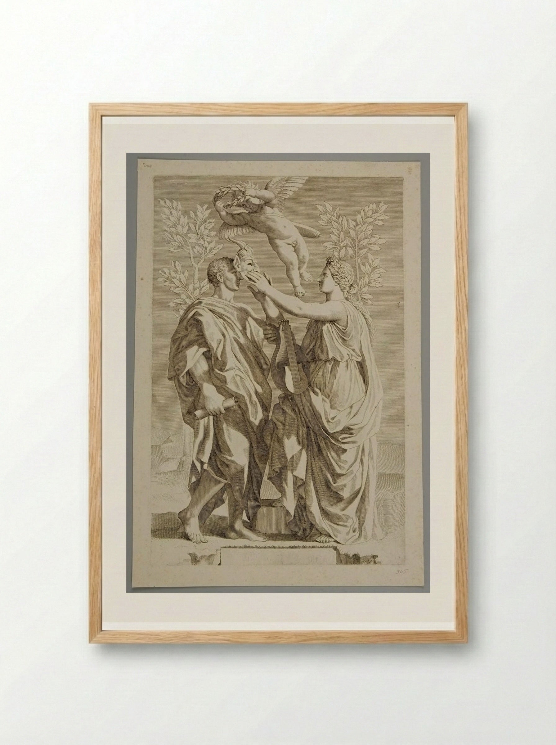 Title Page: The Muse of Poetry Giving the Satyr's Mask to Horace - Claude Mellan - Framed Print Wood