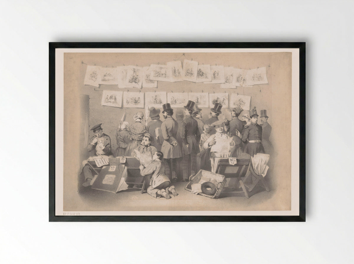 Title Print with Interior of a Print Shop - Victor Jean François Dollet - Framed Print Black