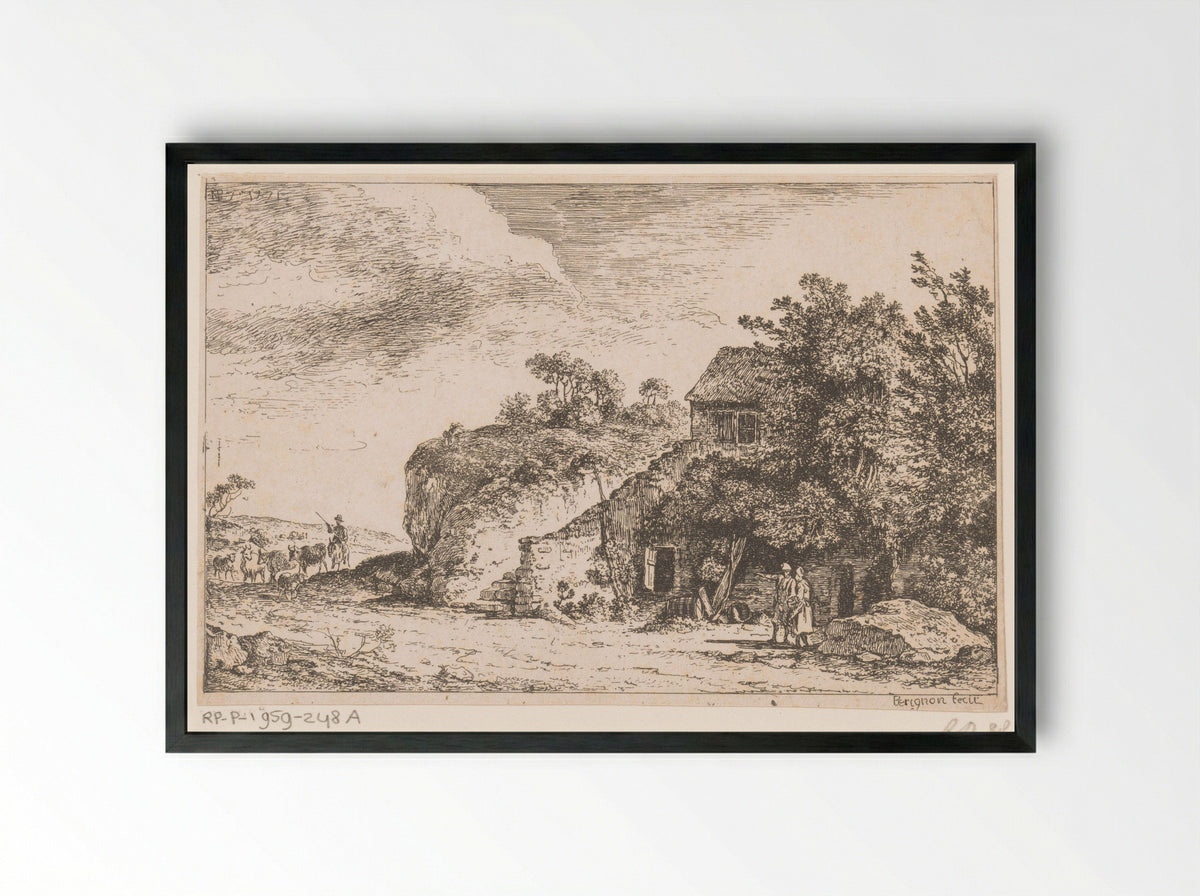 Title Print with Shepherd and Herd near a Farmhouse - Alexis Nicolas Pérignon - Framed Print Black