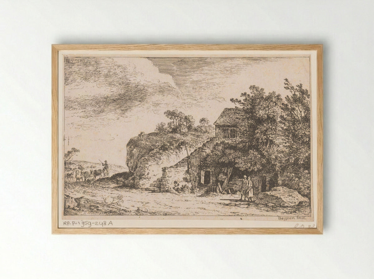 Title Print with Shepherd and Herd near a Farmhouse - Alexis Nicolas Pérignon - Framed Print Wood
