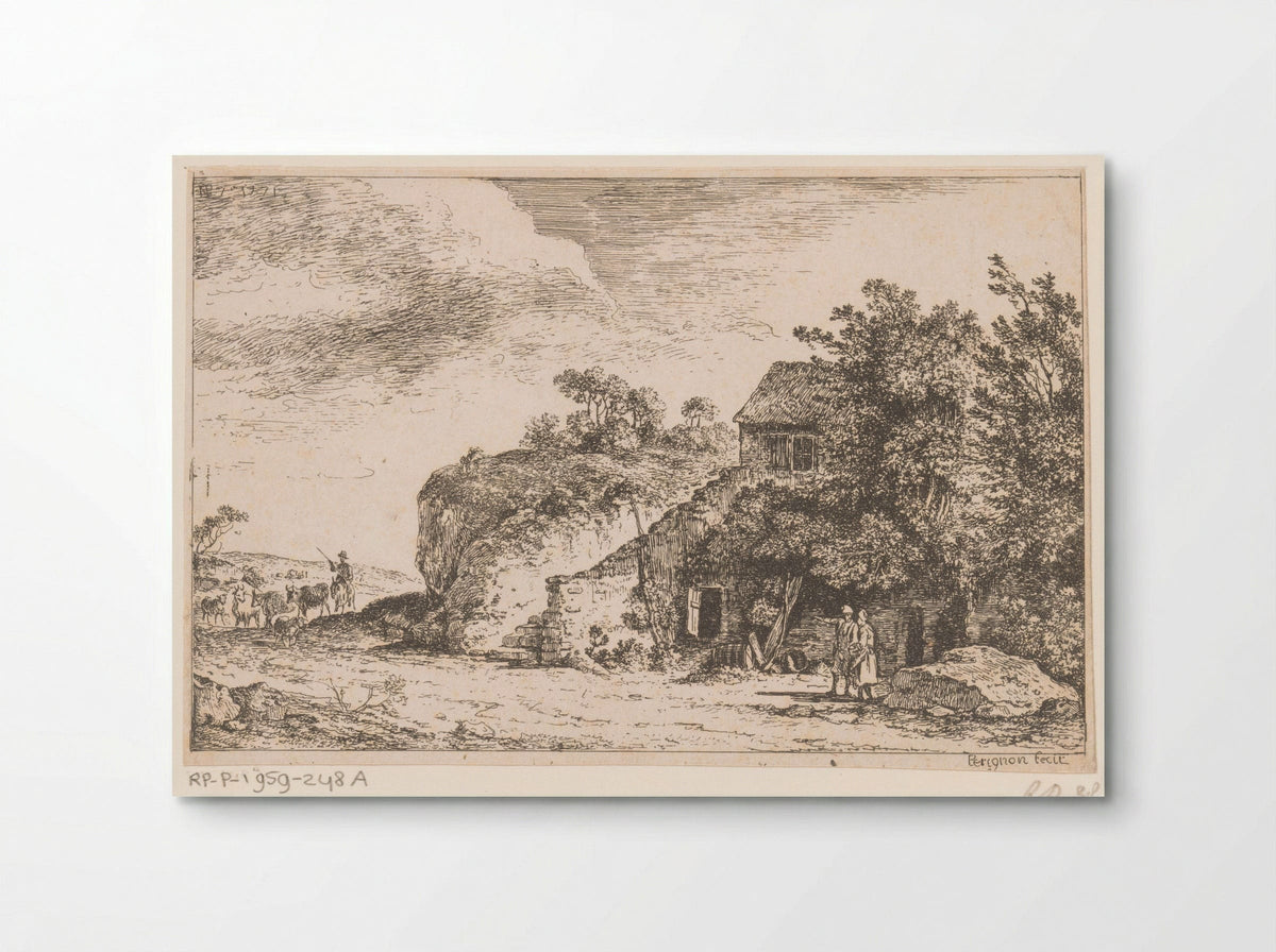 Title Print with Shepherd and Herd near a Farmhouse - Alexis Nicolas Pérignon - Poster
