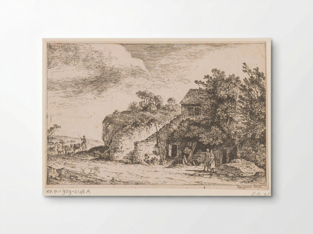 Title Print with Shepherd and Herd near a Farmhouse - Alexis Nicolas Pérignon - Poster